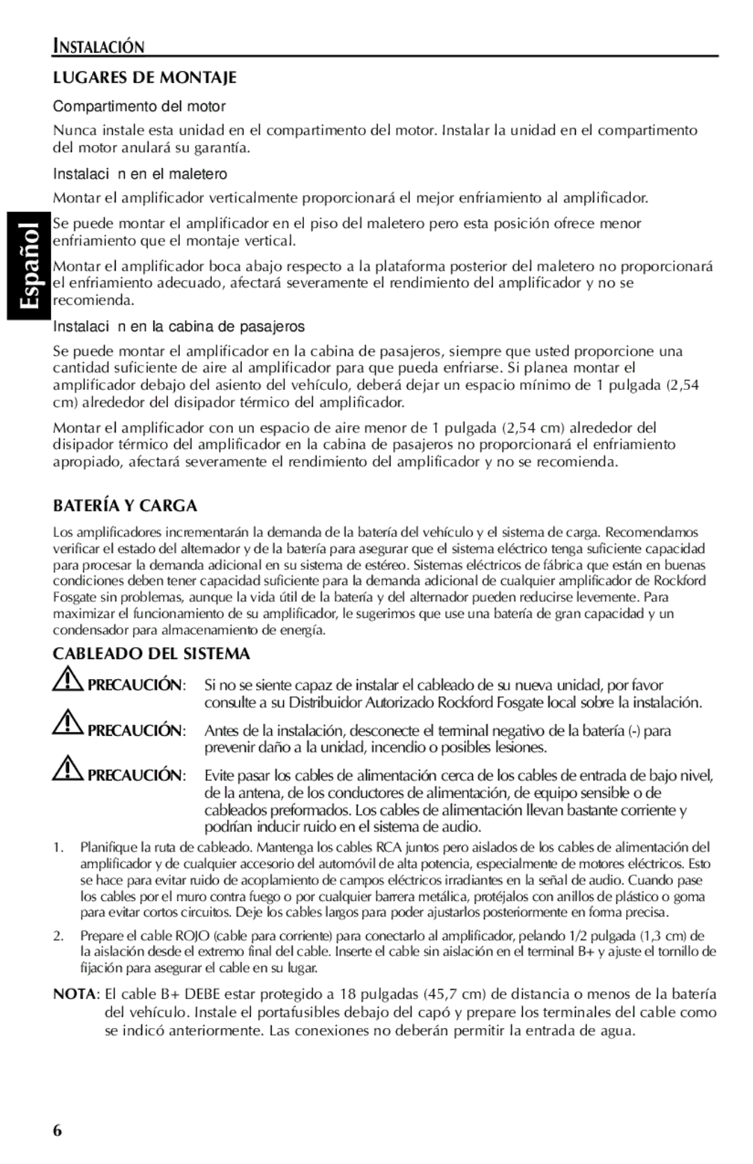 Rockford Fosgate 301SP, 401SP manual Instalación Lugares DE Montaje, Batería Y Carga, Cableado DEL Sistema 