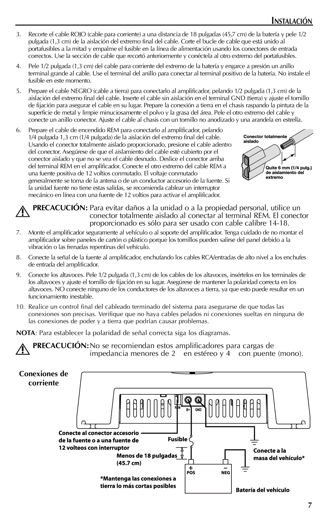 Rockford Fosgate 401SP, 301SP manual Instalación, Conexiones de Corriente 