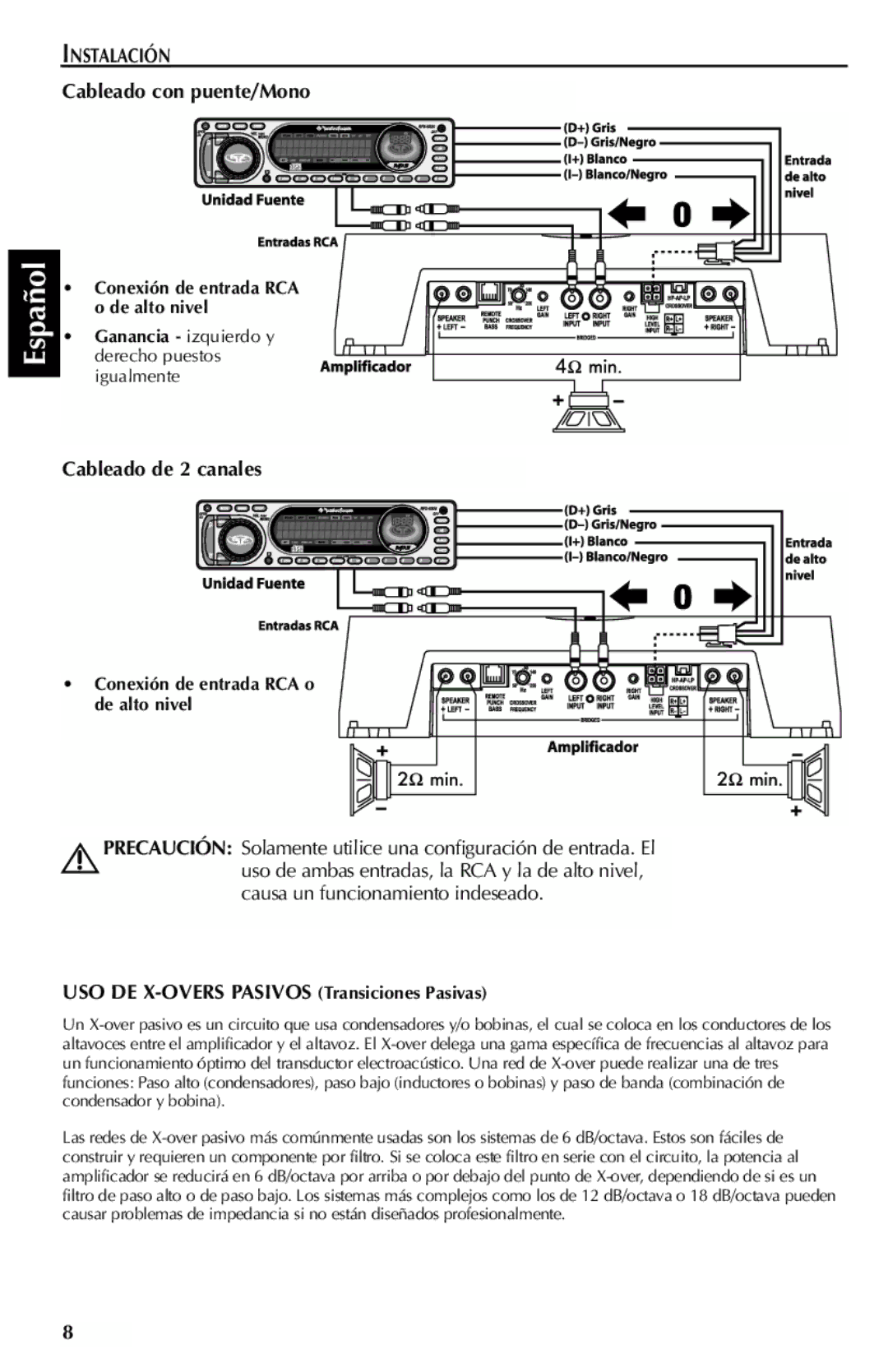 Rockford Fosgate 301SP, 401SP Cableado con puente/Mono, Cableado de 2 canales, USO DE X-OVERS Pasivos Transiciones Pasivas 