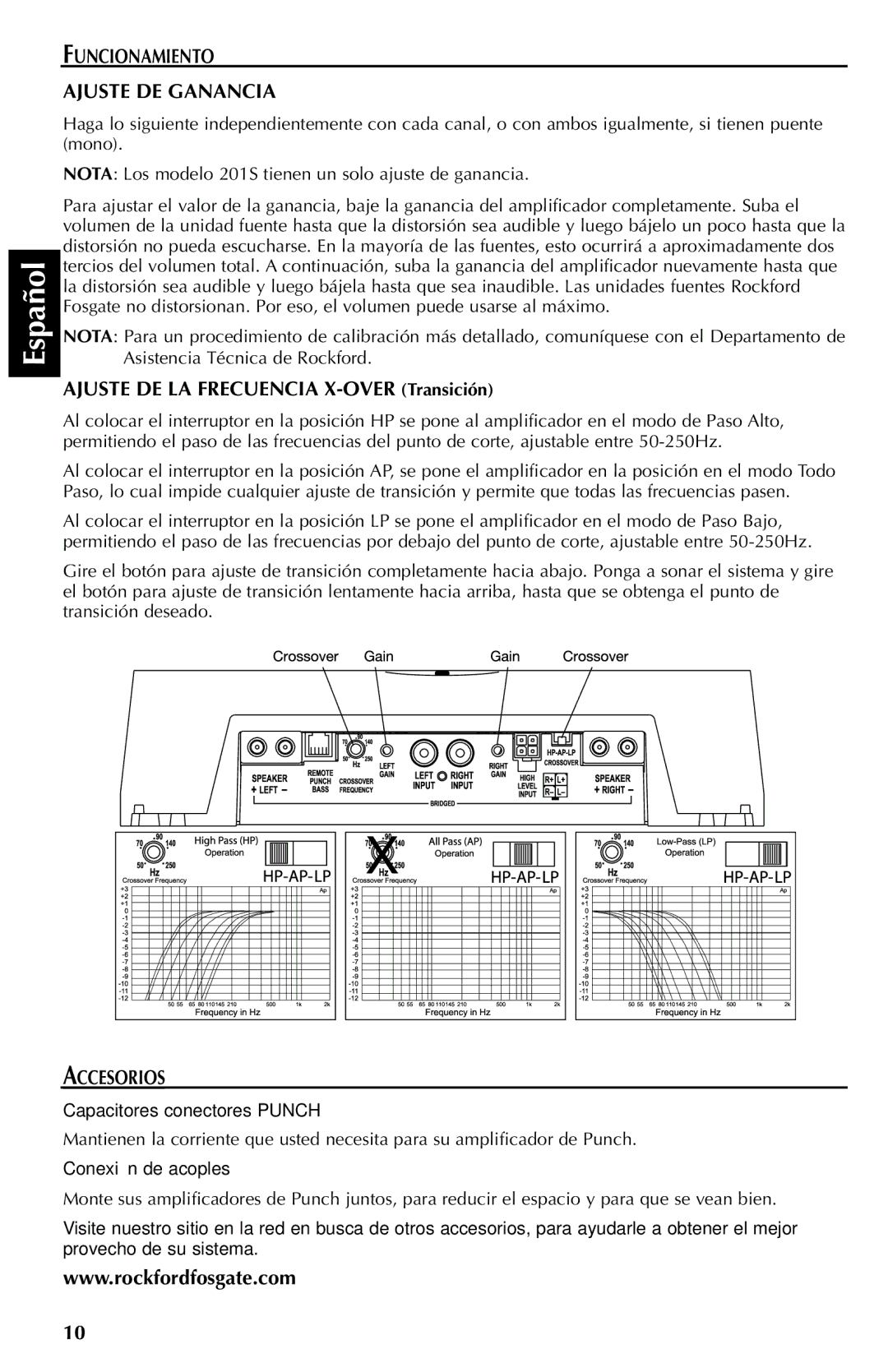 Rockford Fosgate 301SP, 401SP Funcionamiento Ajuste DE Ganancia, Ajuste DE LA Frecuencia X-OVER Transición, Accesorios 