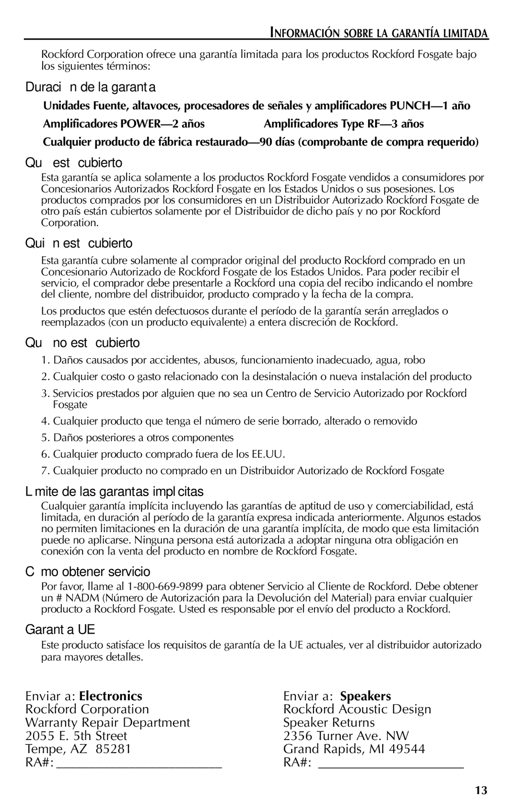 Rockford Fosgate 401SP, 301SP manual Enviar a Electronics, Información Sobre LA Garantía Limitada 