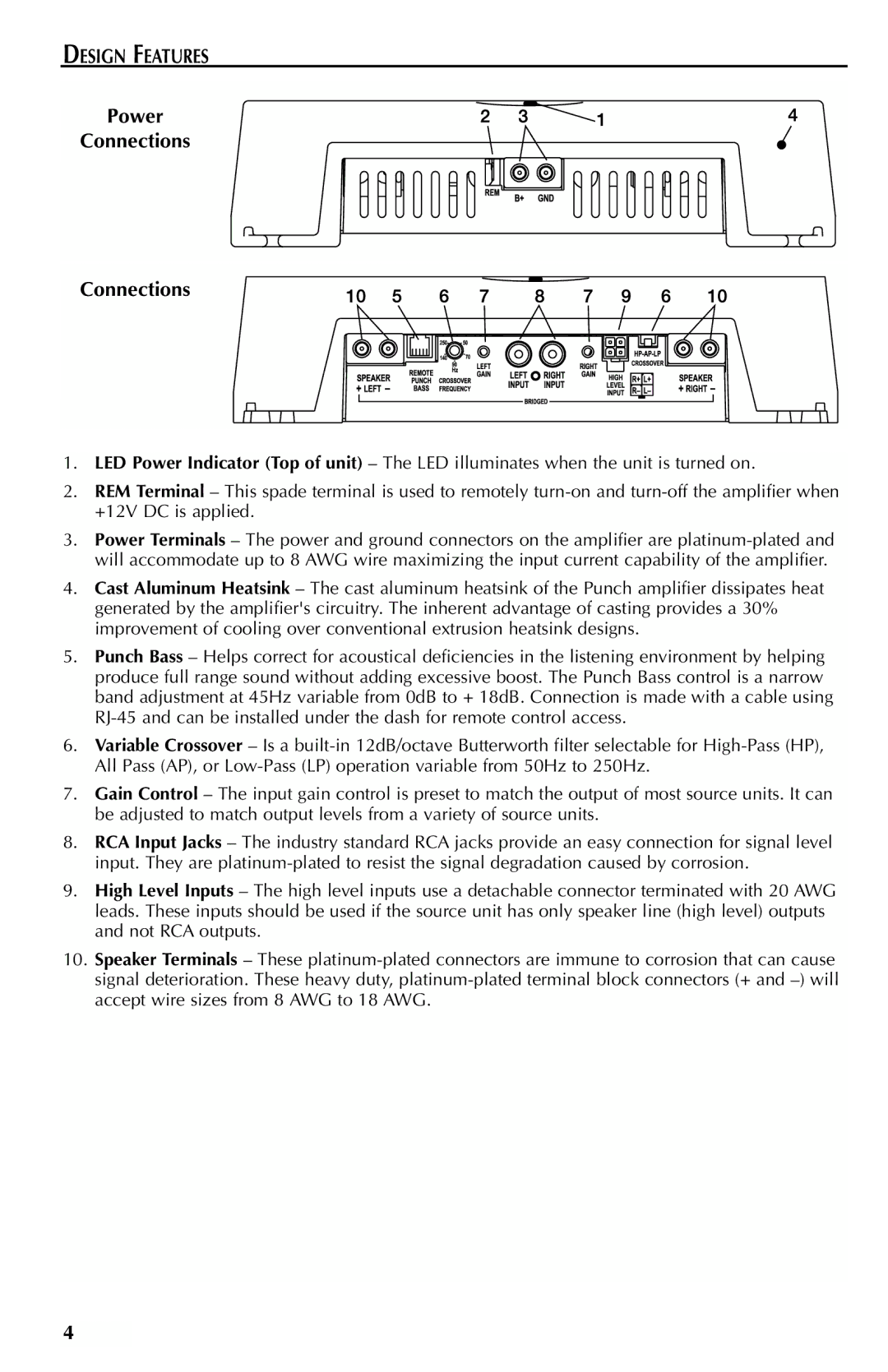 Rockford Fosgate 301SP, 401SP manual Design Features, Power Connections 