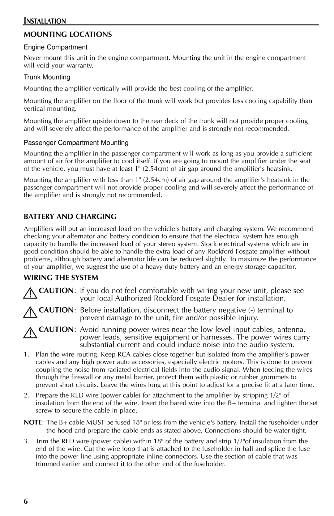 Rockford Fosgate 301SP, 401SP manual Installation Mounting Locations, Battery and Charging, Wiring the System 