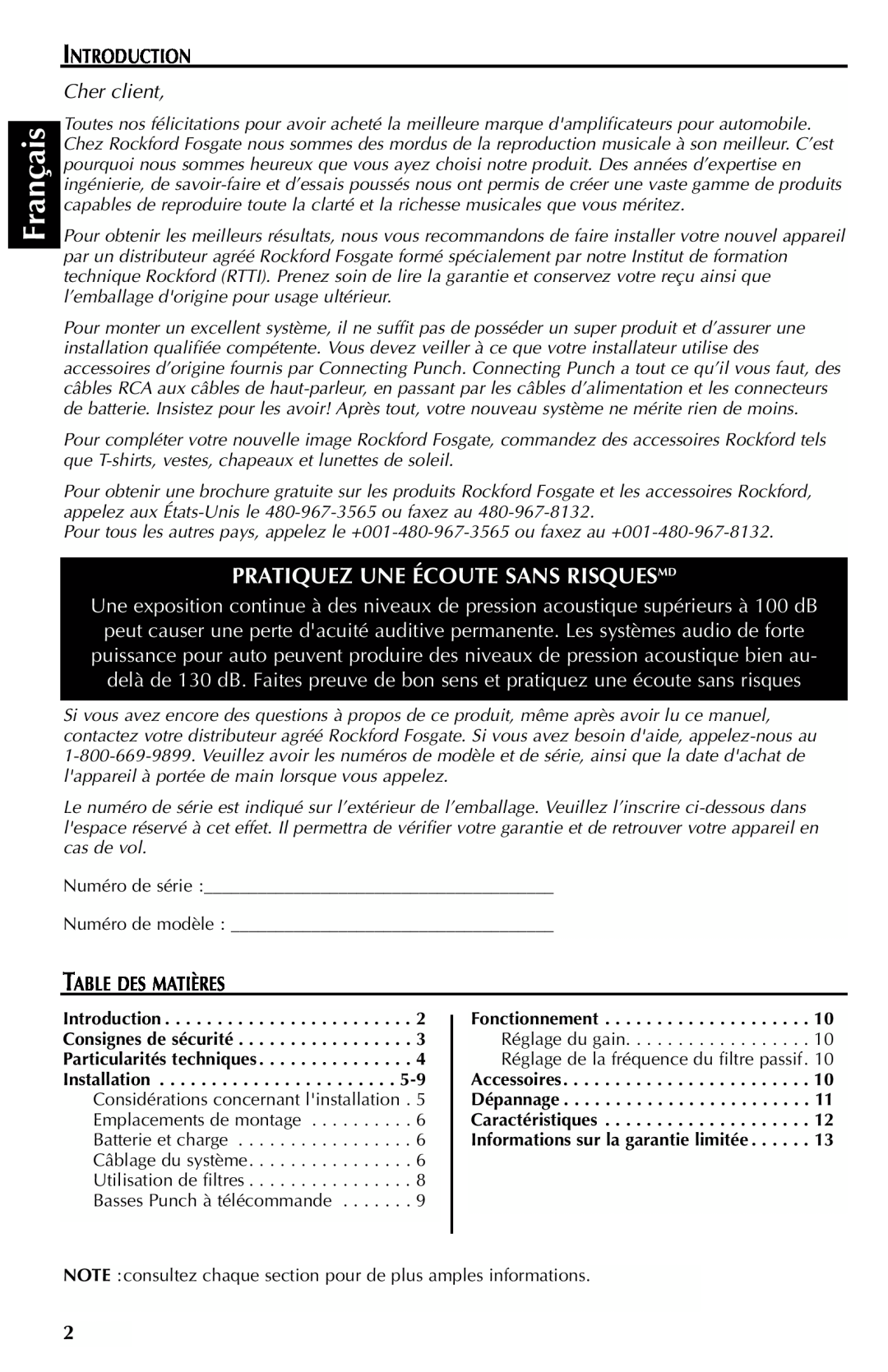 Rockford Fosgate 301SP, 401SP Français, Pratiquez Une Écoute Sans Risquesmd, Introduction, Cher client, Table Des Matières 
