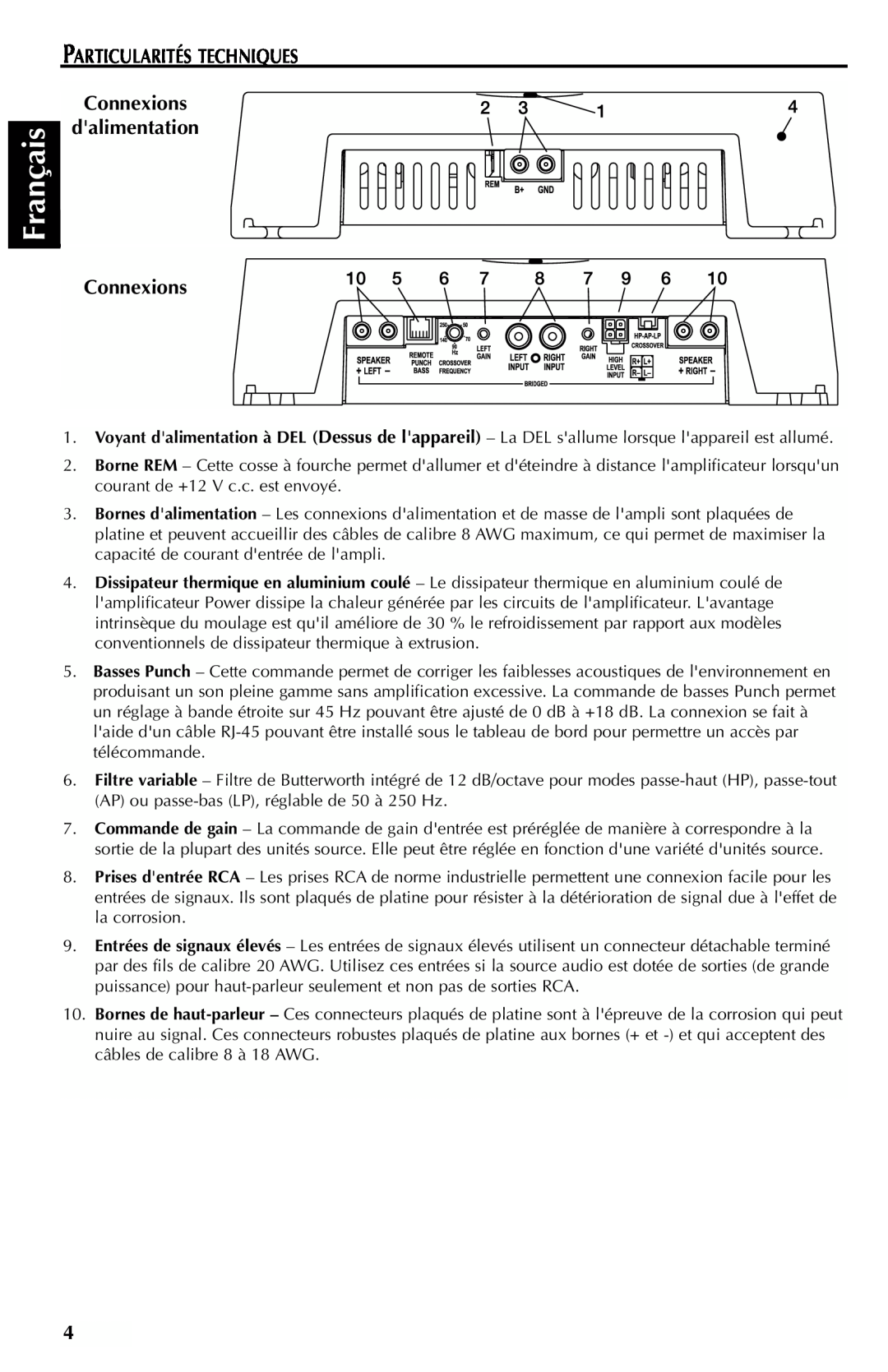 Rockford Fosgate 301SP, 401SP manual Français, PARTICULARITÉS TECHNIQUES Connexions, dalimentation 
