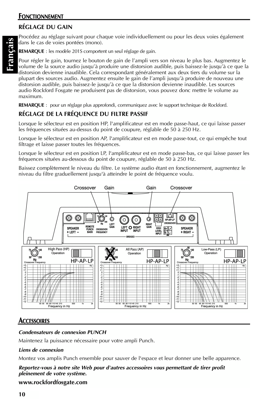 Rockford Fosgate 301SP Français, Fonctionnement Réglage Du Gain, Réglage De La Fréquence Du Filtre Passif, Accessoires 