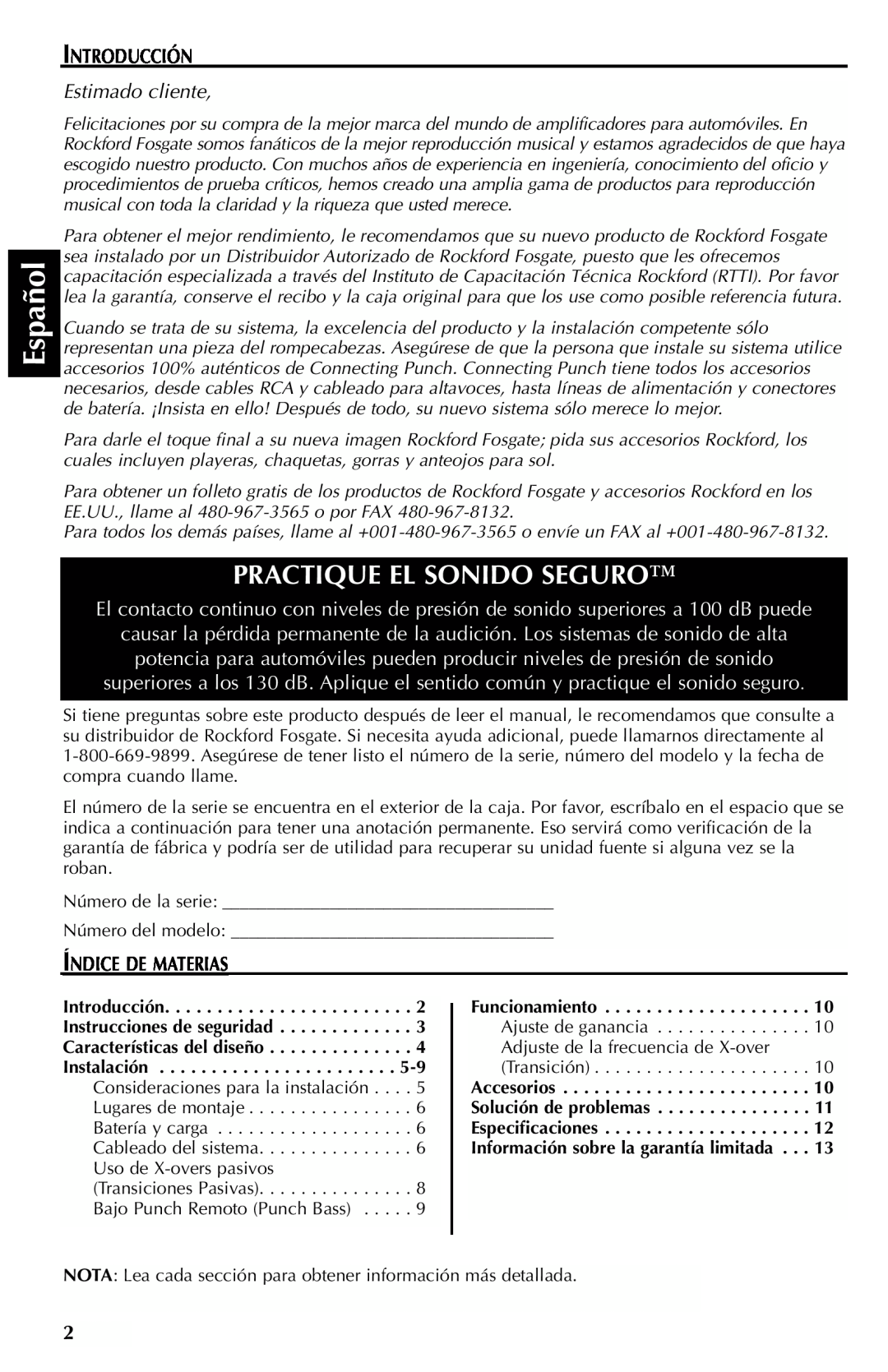 Rockford Fosgate 301SP, 401SP manual Español, Practique El Sonido Seguro, Introducción, Estimado cliente, Índice De Materias 