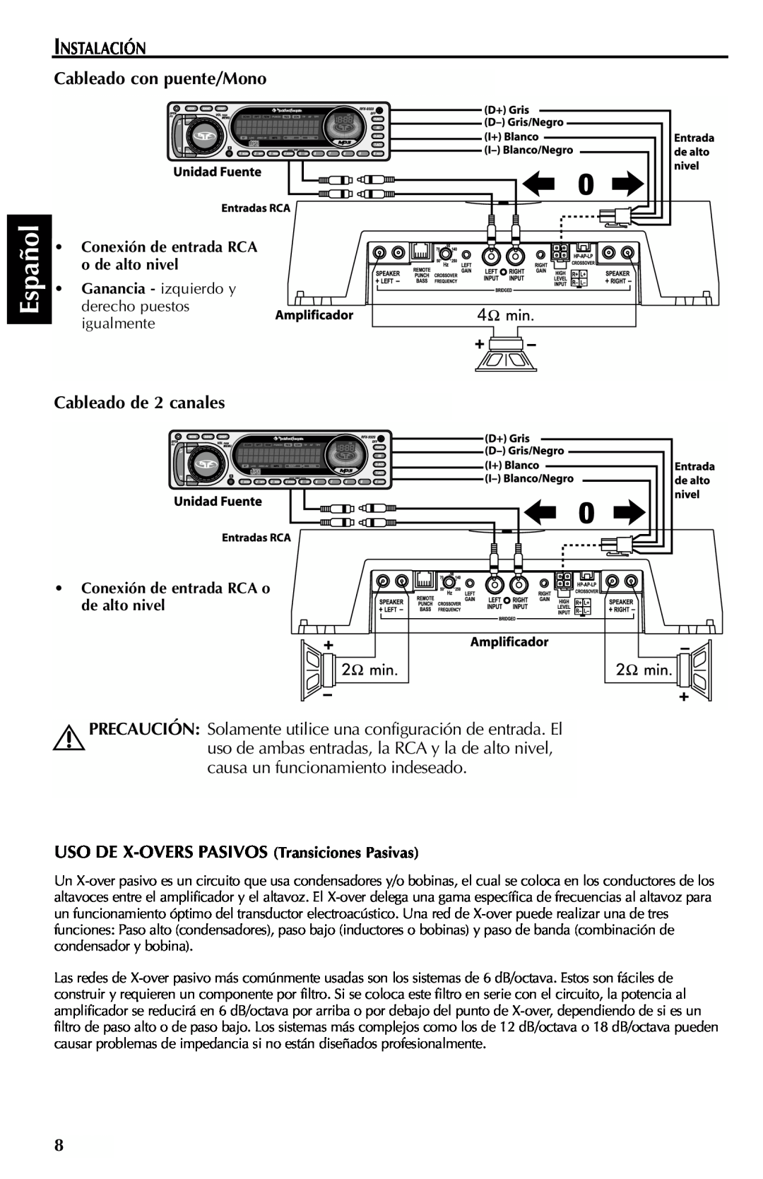 Rockford Fosgate 301SP, 401SP manual Español, INSTALACIÓN Cableado con puente/Mono, Cableado de 2 canales 
