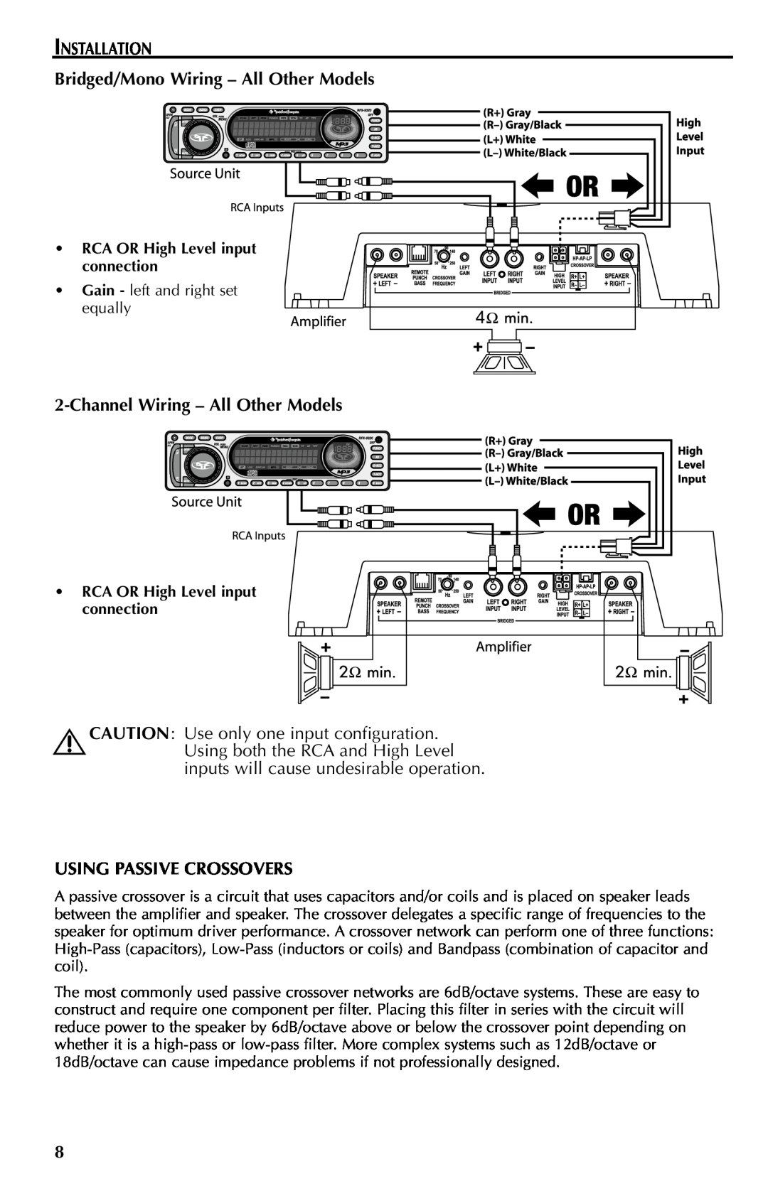 Rockford Fosgate 301SP, 401SP manual Installation, Bridged/Mono Wiring - All Other Models, ChannelWiring - All Other Models 