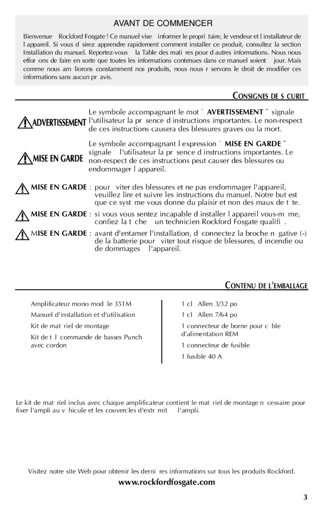 Rockford Fosgate 351M manual Consignes DE Sécurité, Contenu DE Lemballage 