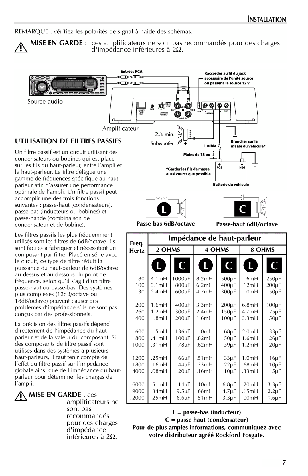Rockford Fosgate 351M manual Utilisation DE Filtres Passifs, Impédance de haut-parleur 