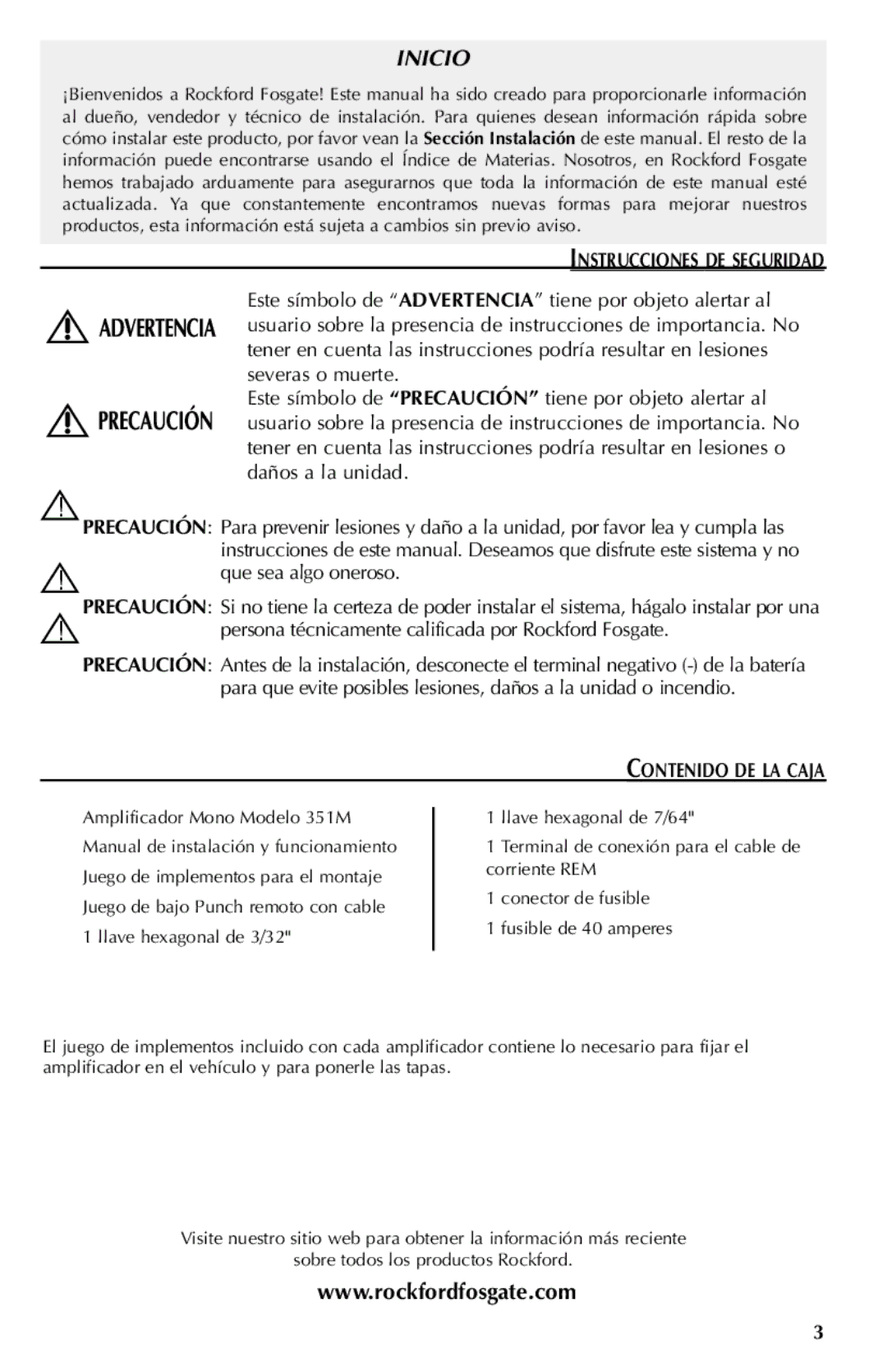 Rockford Fosgate 351M manual Inicio, Instrucciones DE Seguridad 