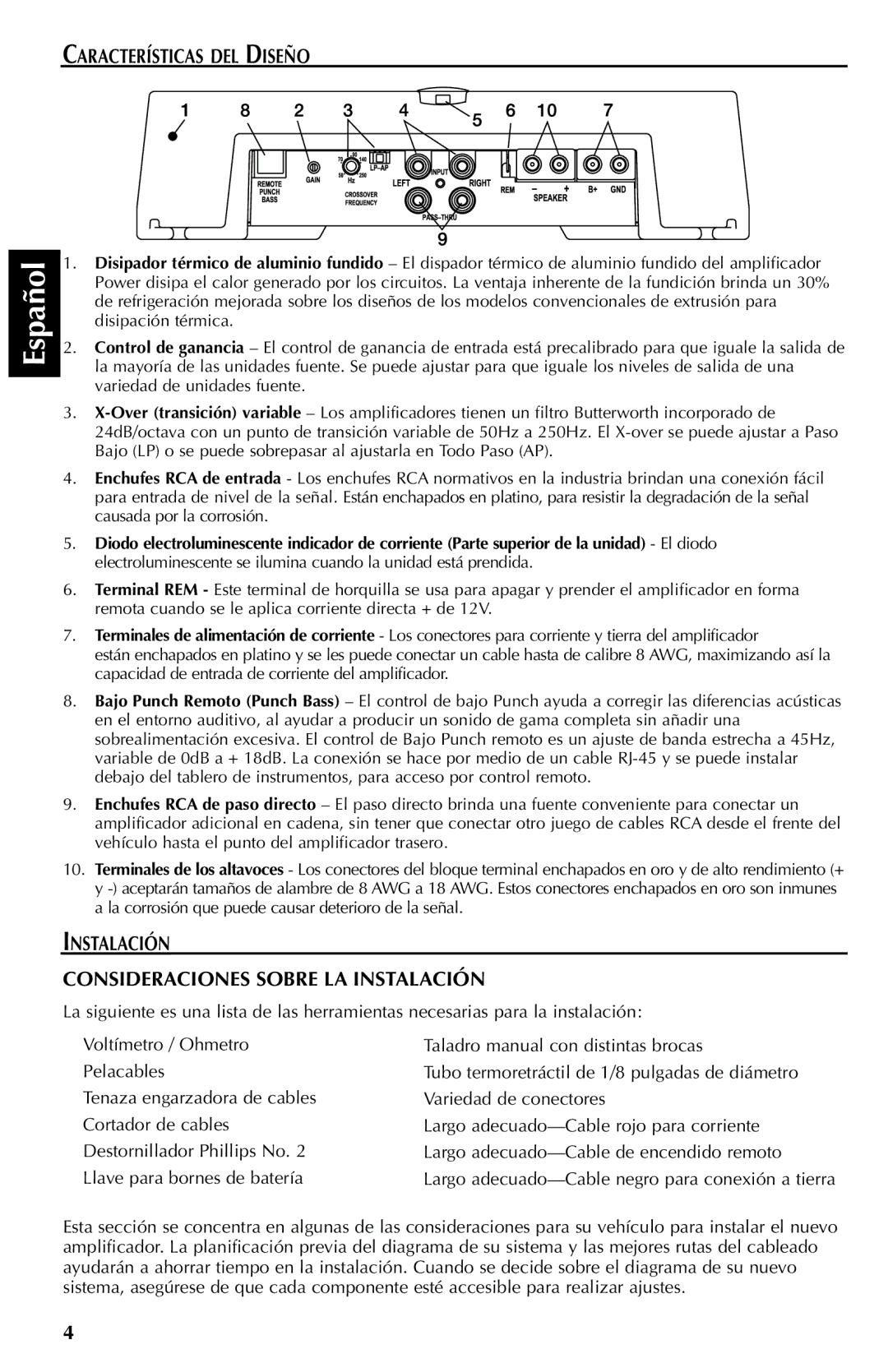 Rockford Fosgate 351M manual Características DEL Diseño, Instalación Consideraciones Sobre LA Instalación 