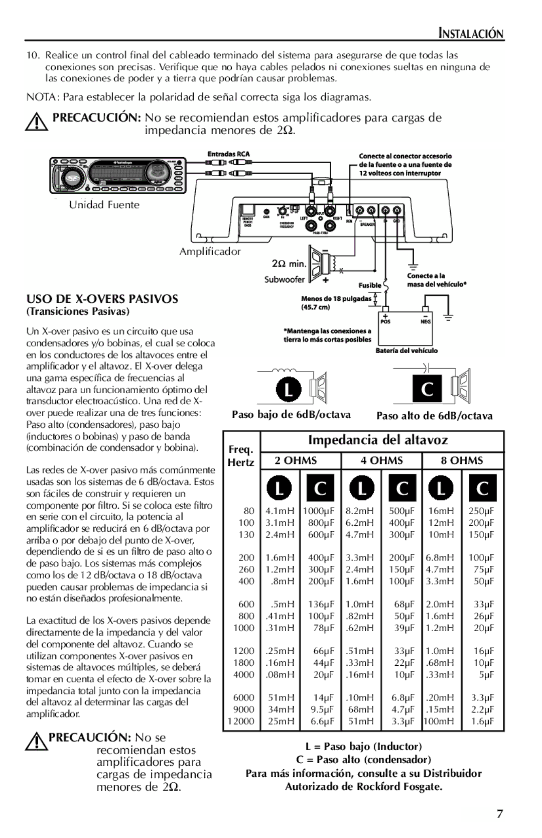 Rockford Fosgate 351M manual USO DE X-OVERS Pasivos, Impedancia del altavoz 