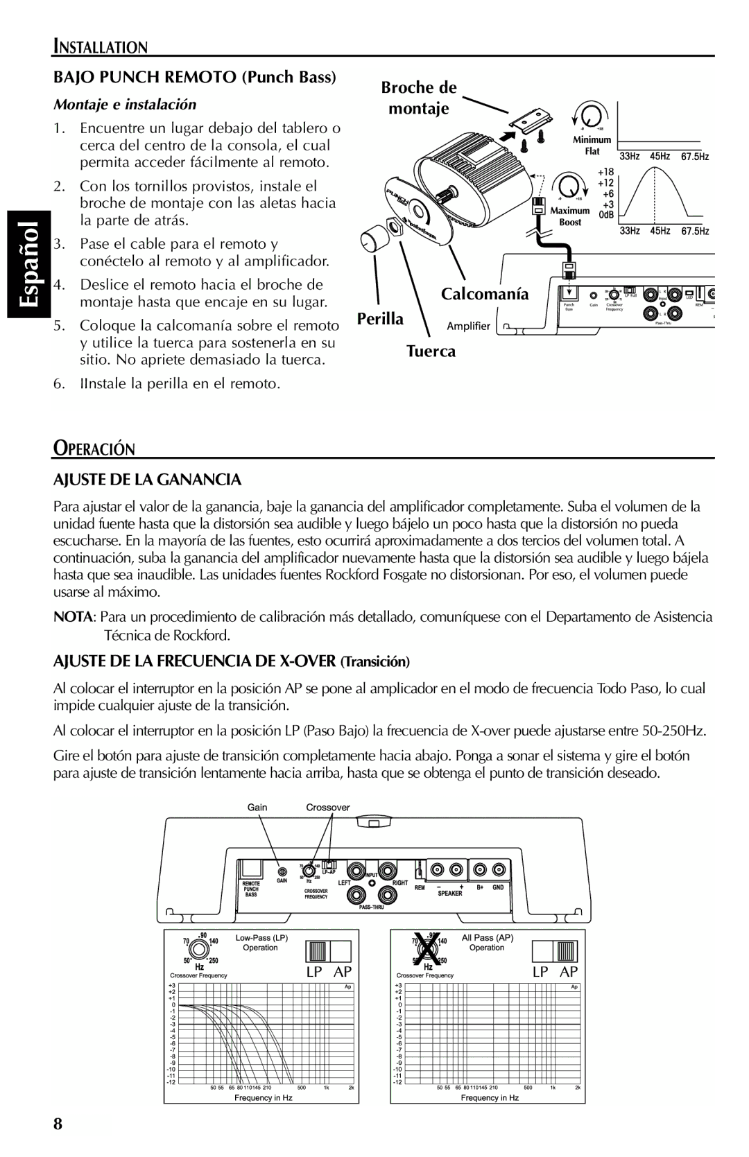 Rockford Fosgate 351M manual Bajo Punch Remoto Punch Bass, Perilla, Tuerca, Operación Ajuste DE LA Ganancia 