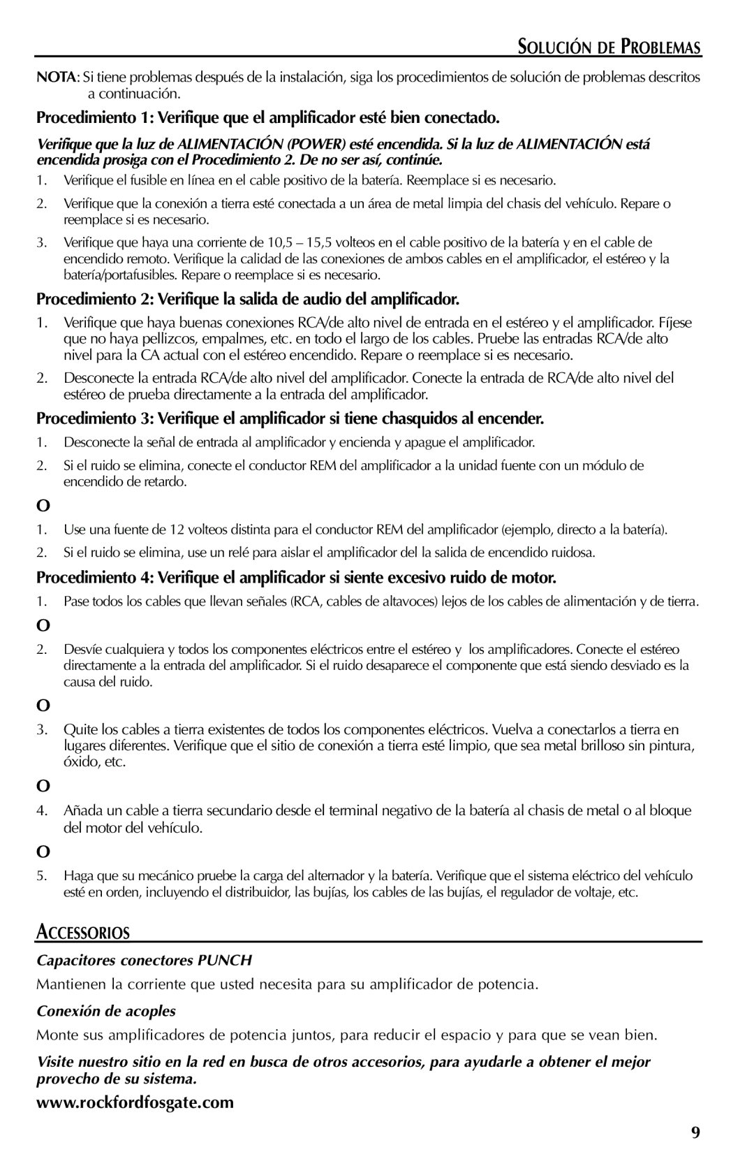 Rockford Fosgate 351M manual Solución DE Problemas, Accessorios, Capacitores conectores Punch, Conexión de acoples 