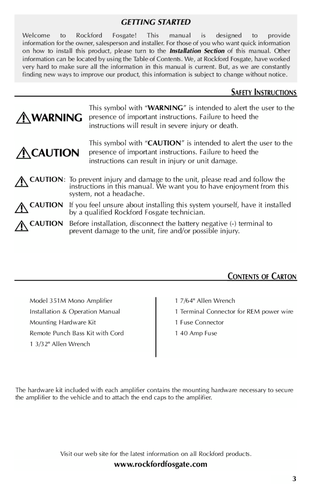 Rockford Fosgate 351M manual Safety Instructions, Contents of Carton 