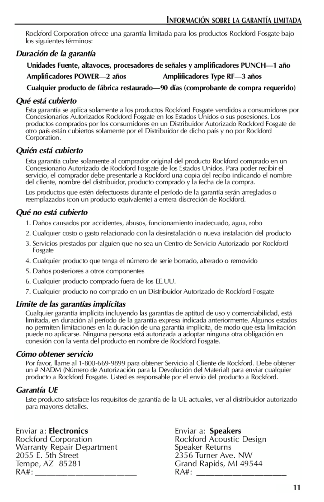 Rockford Fosgate 351M Información Sobre LA Garantía Limitada, Amplificadores POWER-2 añosAmplificadores Type RF-3 años 