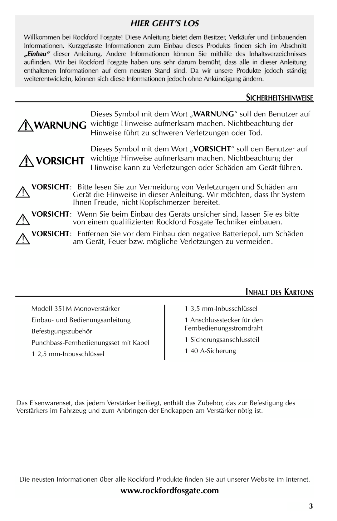 Rockford Fosgate 351M Sicherheitshinweise, Am Gerät, Feuer bzw. mögliche Verletzungen zu vermeiden, Inhalt DES Kartons 