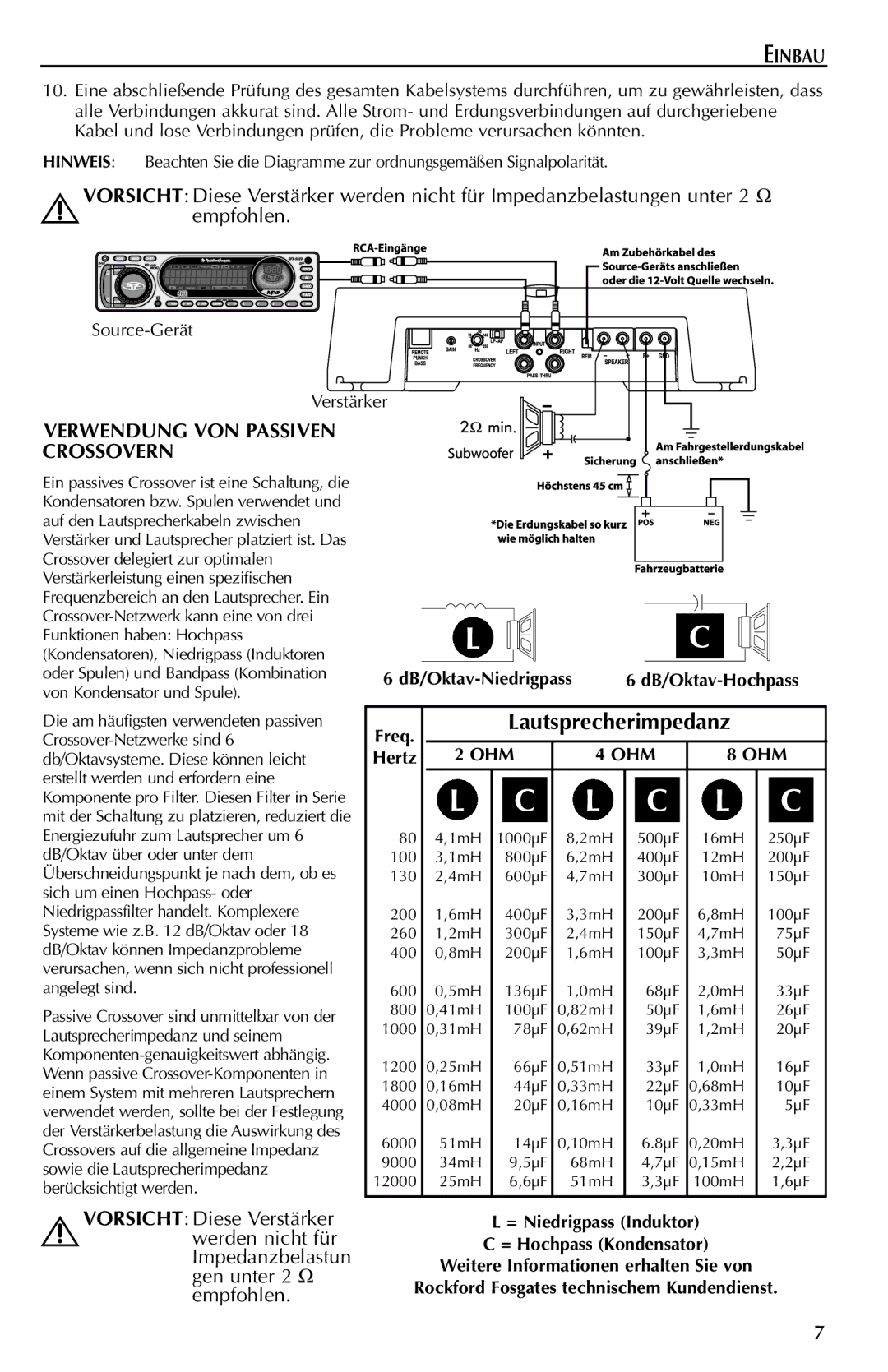 Rockford Fosgate 351M manual Verwendung VON Passiven Crossovern, Lautsprecherimpedanz 