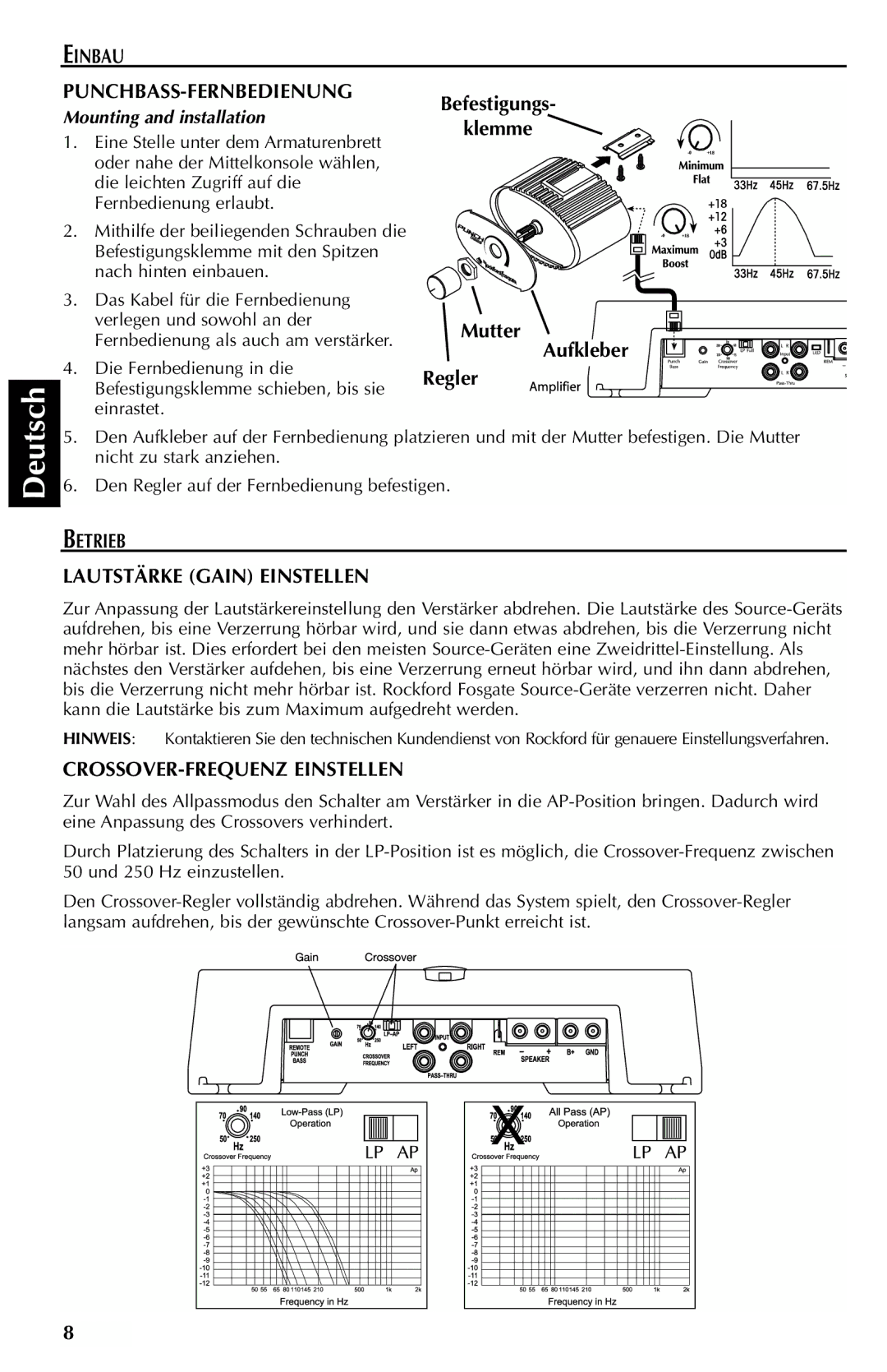 Rockford Fosgate 351M Einbau PUNCHBASS-FERNBEDIENUNG, Betrieb Lautstärke Gain Einstellen, CROSSOVER-FREQUENZ Einstellen 