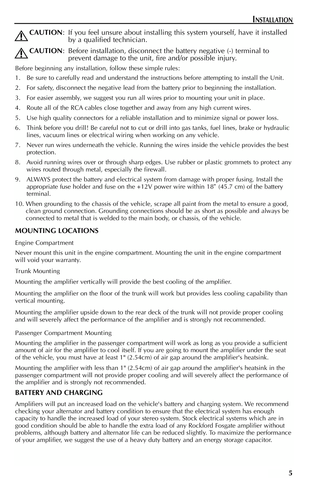 Rockford Fosgate 351M manual Installation, By a qualified technician, Mounting Locations, Battery and Charging 