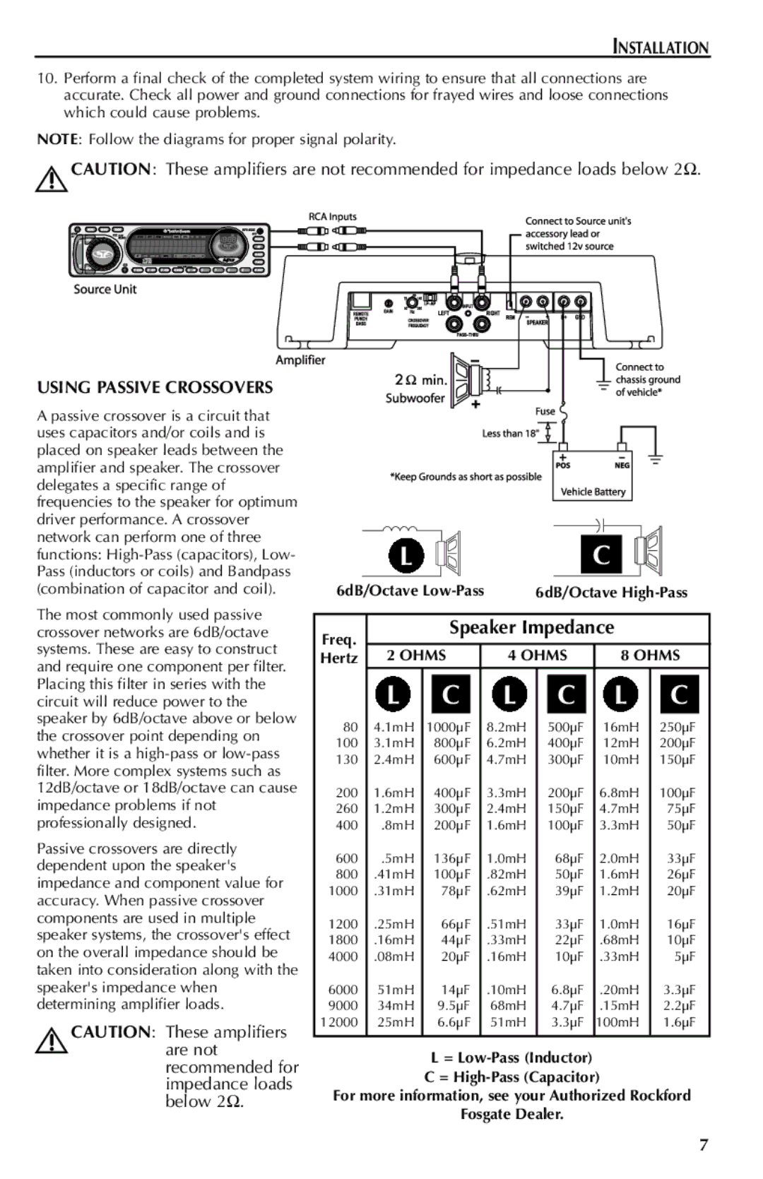 Rockford Fosgate 351M manual Speaker Impedance, Using Passive Crossovers 