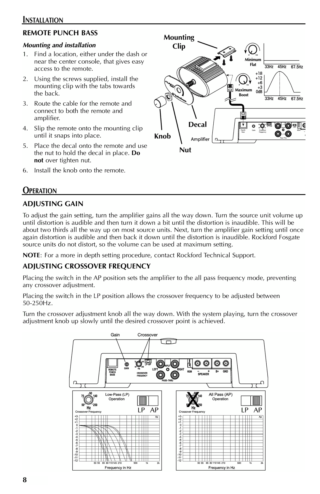 Rockford Fosgate 351M manual Installation Remote Punch Bass, Operation Adjusting Gain, Adjusting Crossover Frequency 