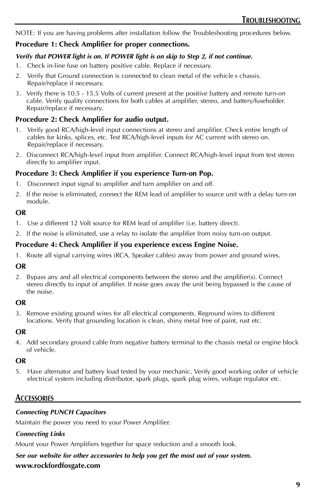 Rockford Fosgate 351M manual Troubleshooting, Procedure 1 Check Amplifier for proper connections, Accessories 