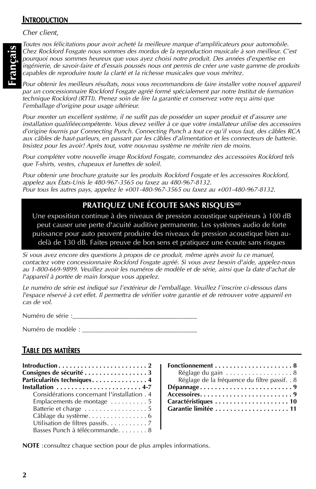 Rockford Fosgate 351M manual Français, Pratiquez Une Écoute Sans Risquesmd, Introduction, Cher client, Table Des Matières 