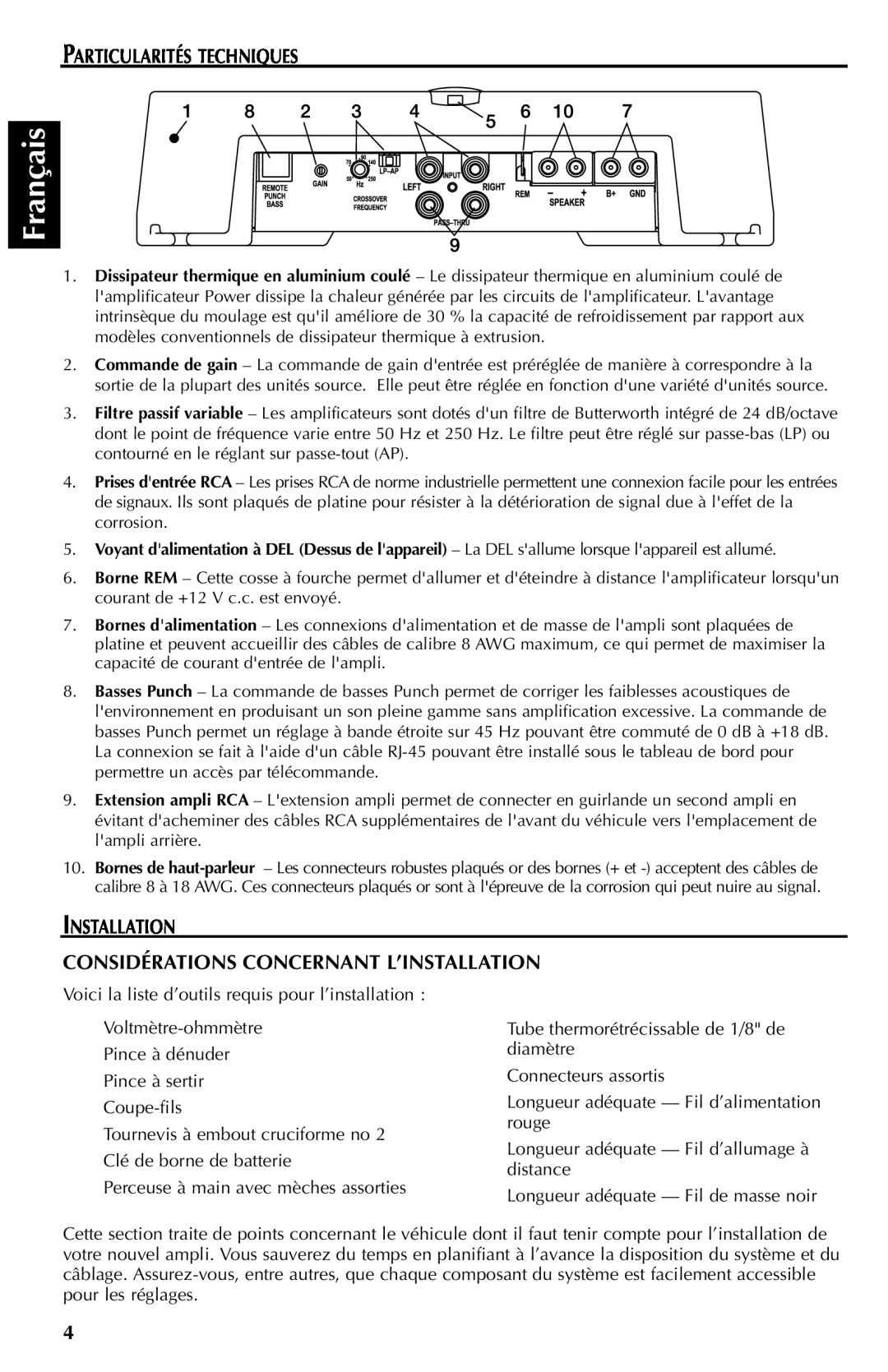 Rockford Fosgate 351M manual Français, Particularités Techniques, Considérations Concernant L’Installation 