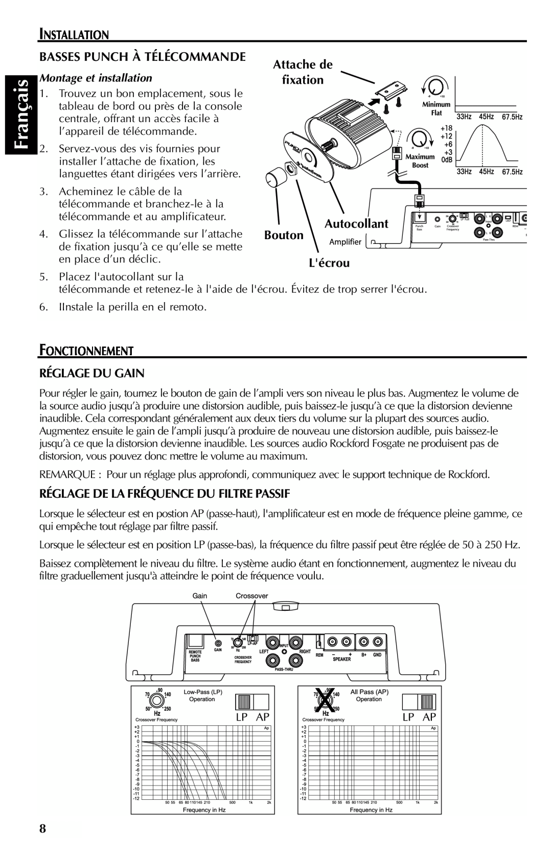 Rockford Fosgate 351M manual Français, Installation, Basses Punch À Télécommande, Autocollant Bouton Lécrou, fixation 