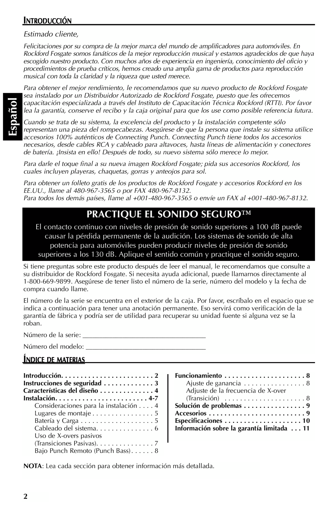 Rockford Fosgate 351M manual Español, Practique El Sonido Seguro, Introducción, Estimado cliente, Índice De Materias 