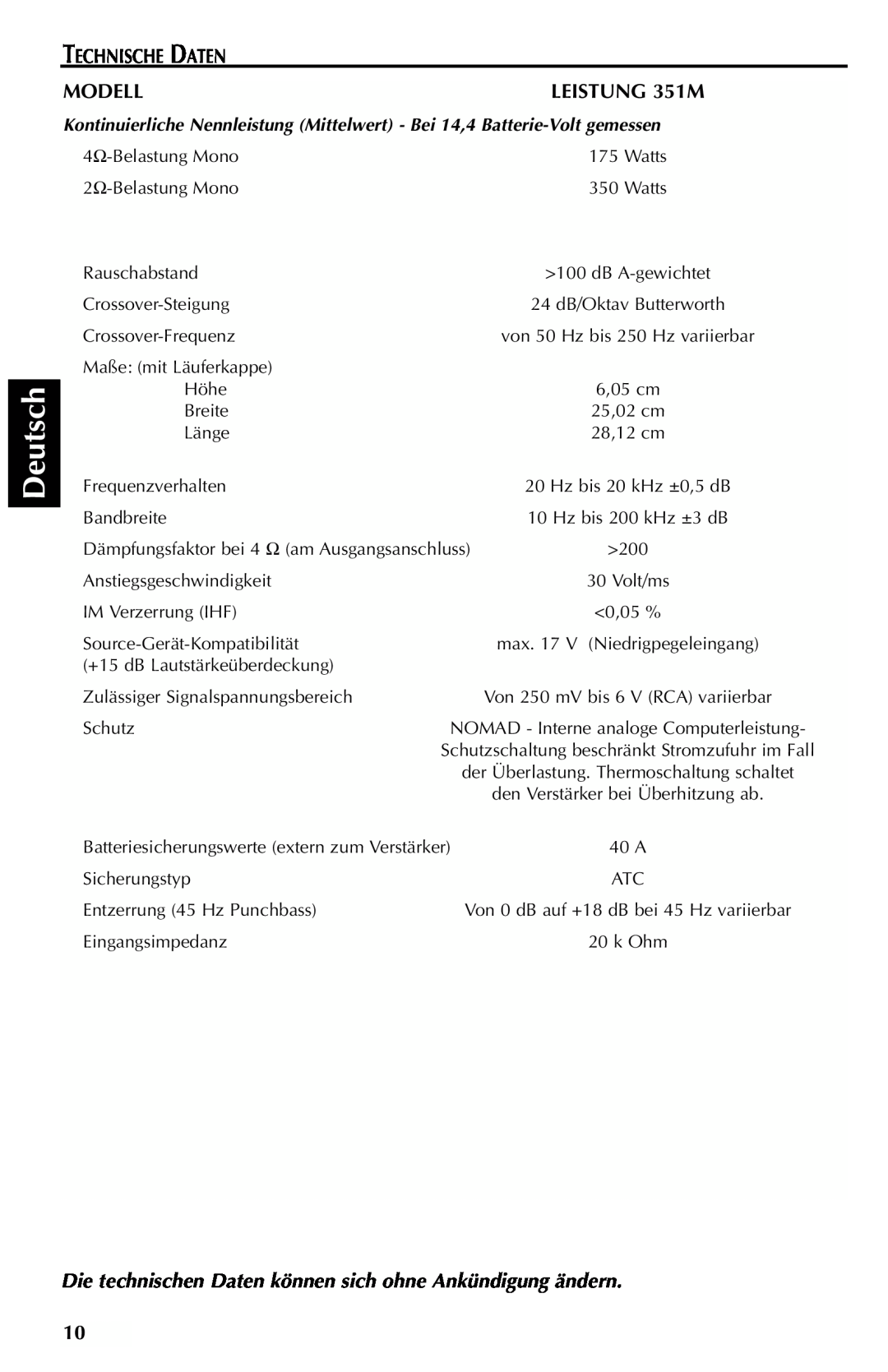 Rockford Fosgate manual Deutsch, Technische Daten, Modell, LEISTUNG 351M 