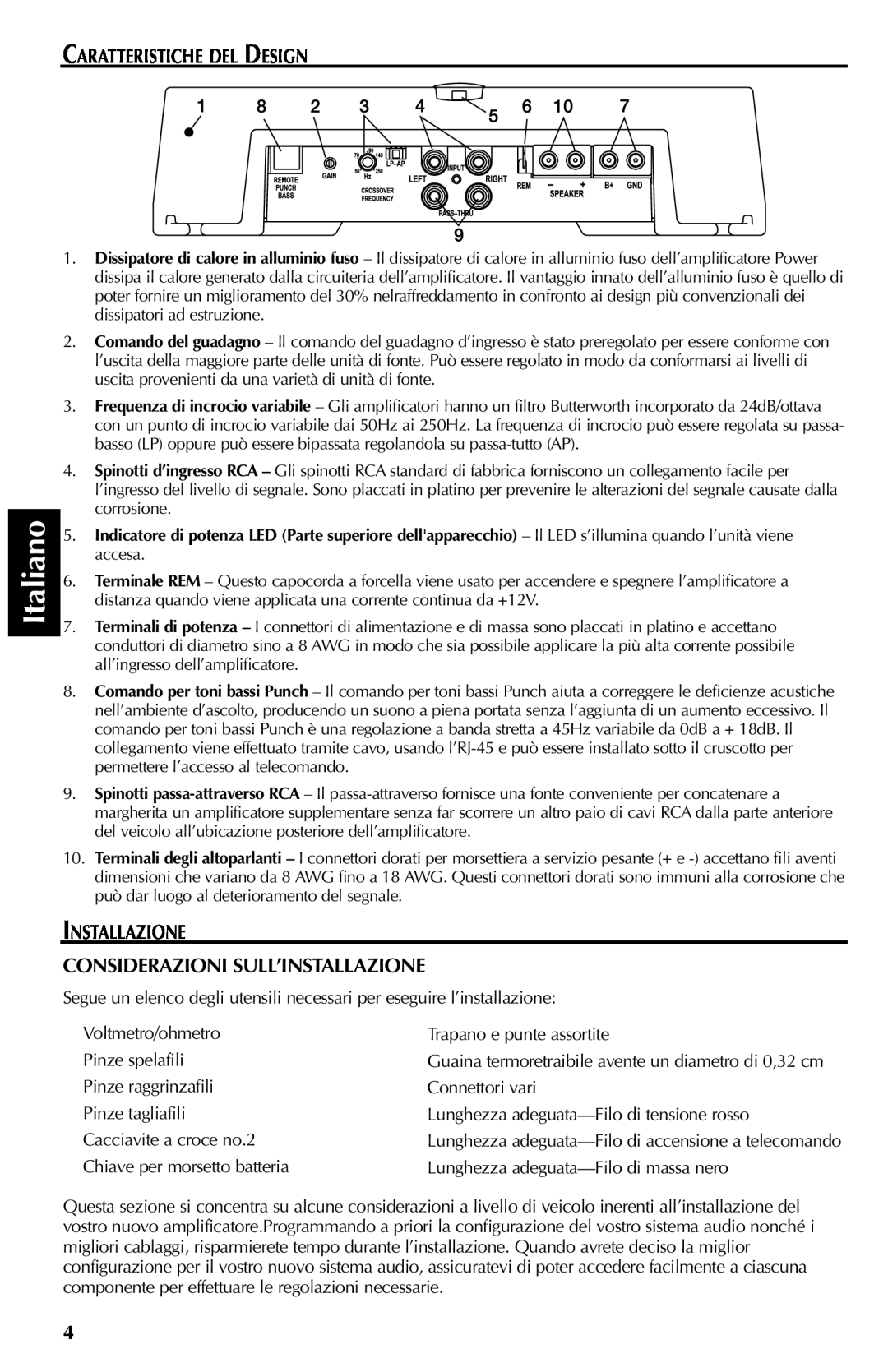 Rockford Fosgate 351M manual Italiano, Caratteristiche Del Design, Installazione Considerazioni Sull’Installazione 
