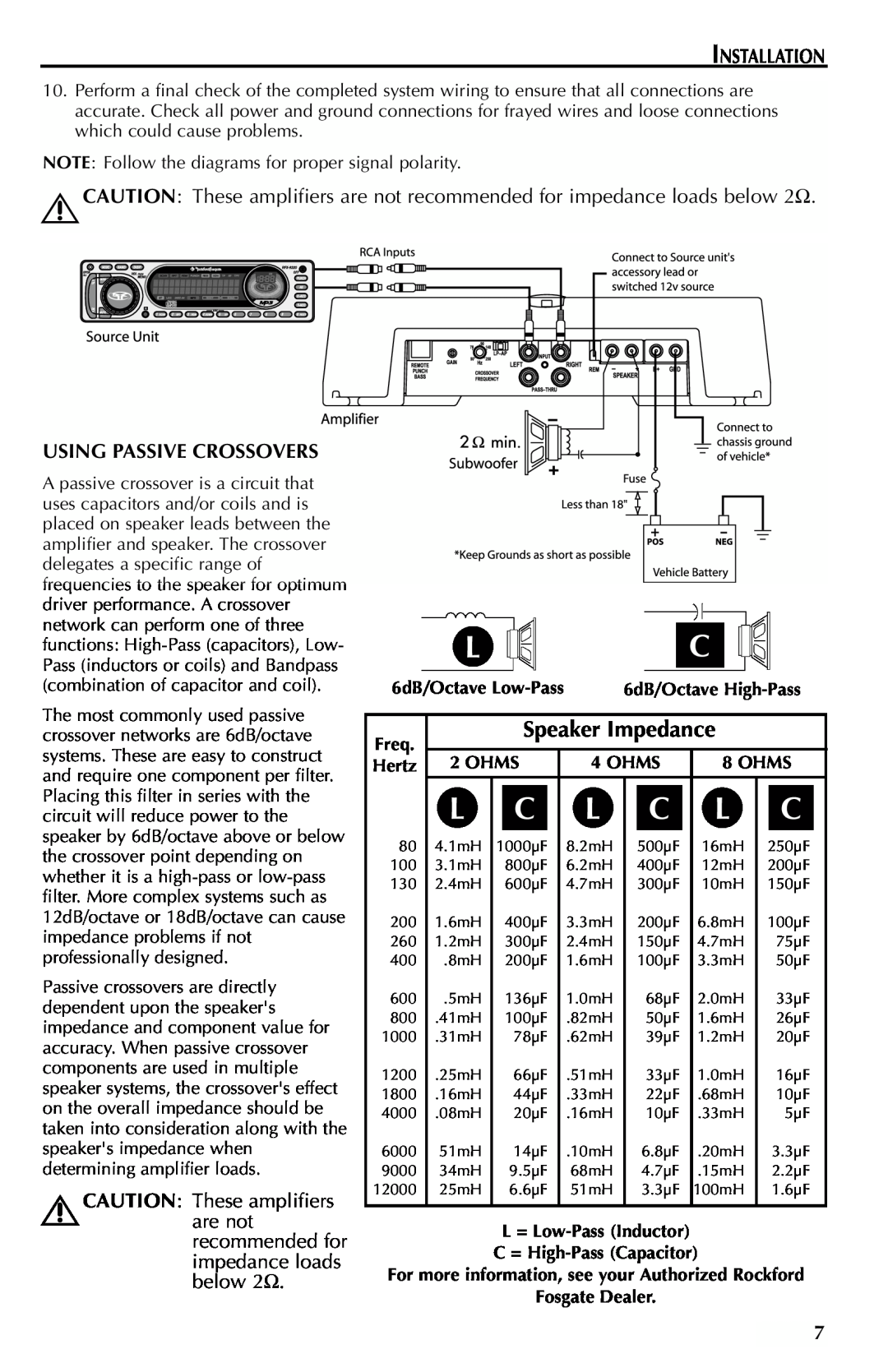 Rockford Fosgate 351M manual Speaker Impedance, Installation, Using Passive Crossovers 