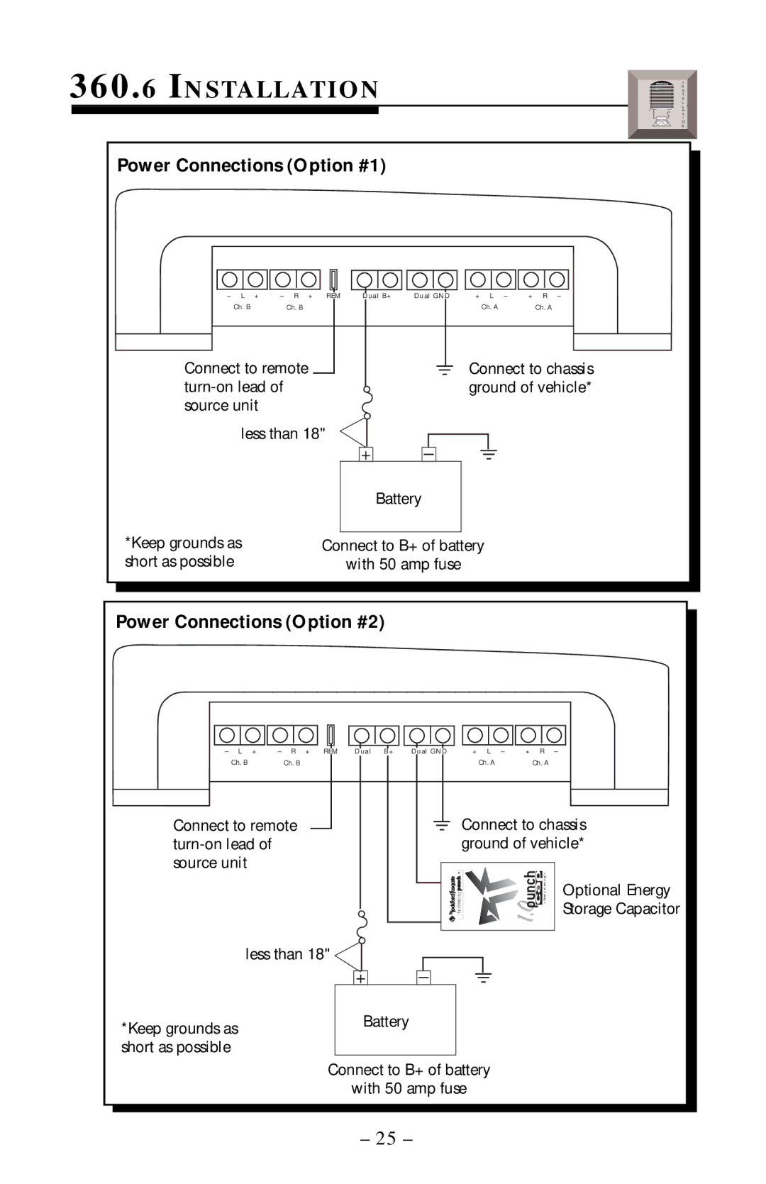 Rockford Fosgate 360.6 manual Installation, Power Connections Option #1, Power Connections Option #2 