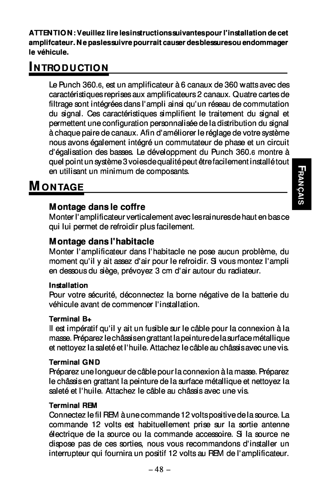 Rockford Fosgate 360.6 manual Introduction, Montage dans le coffre, Montage dans lhabitacle, Installation, Français 