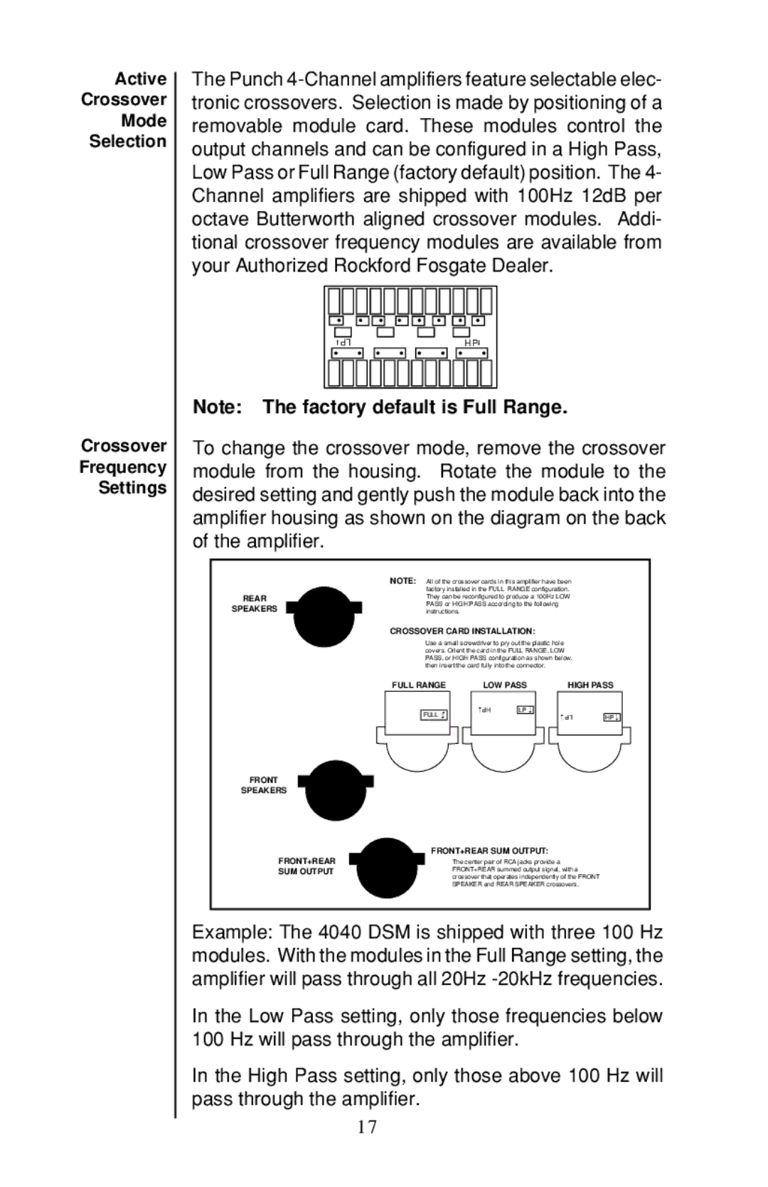 Rockford Fosgate 4-CHANNEL AMPLIFIER owner manual Active Crossover Mode Selection Frequency Settings 