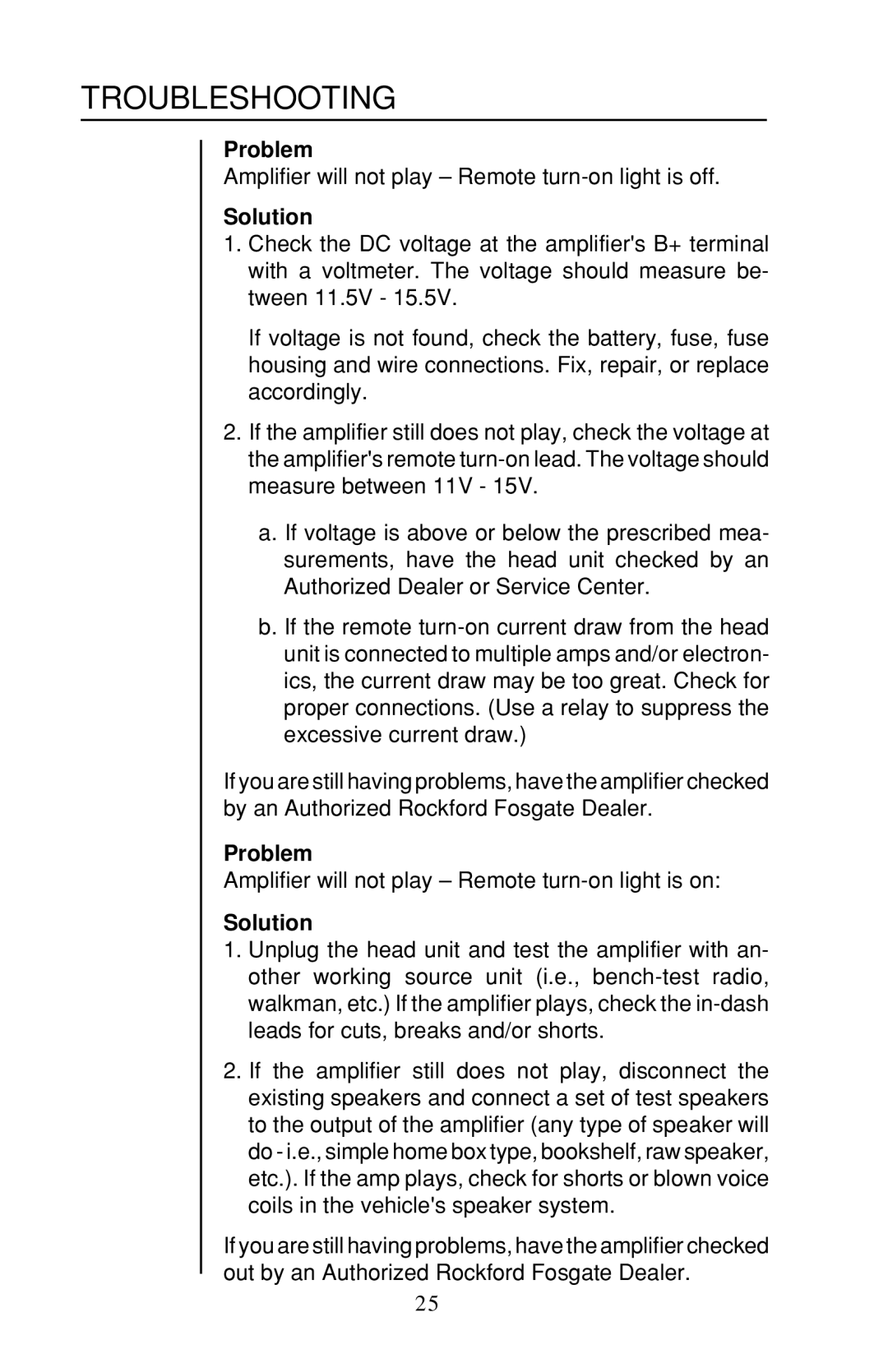 Rockford Fosgate 4-CHANNEL AMPLIFIER owner manual Troubleshooting, Problem, Solution 