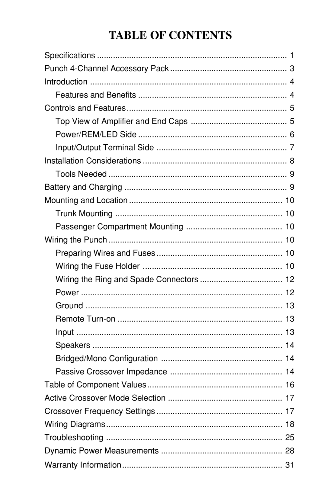 Rockford Fosgate 4-CHANNEL AMPLIFIER owner manual Table of Contents 