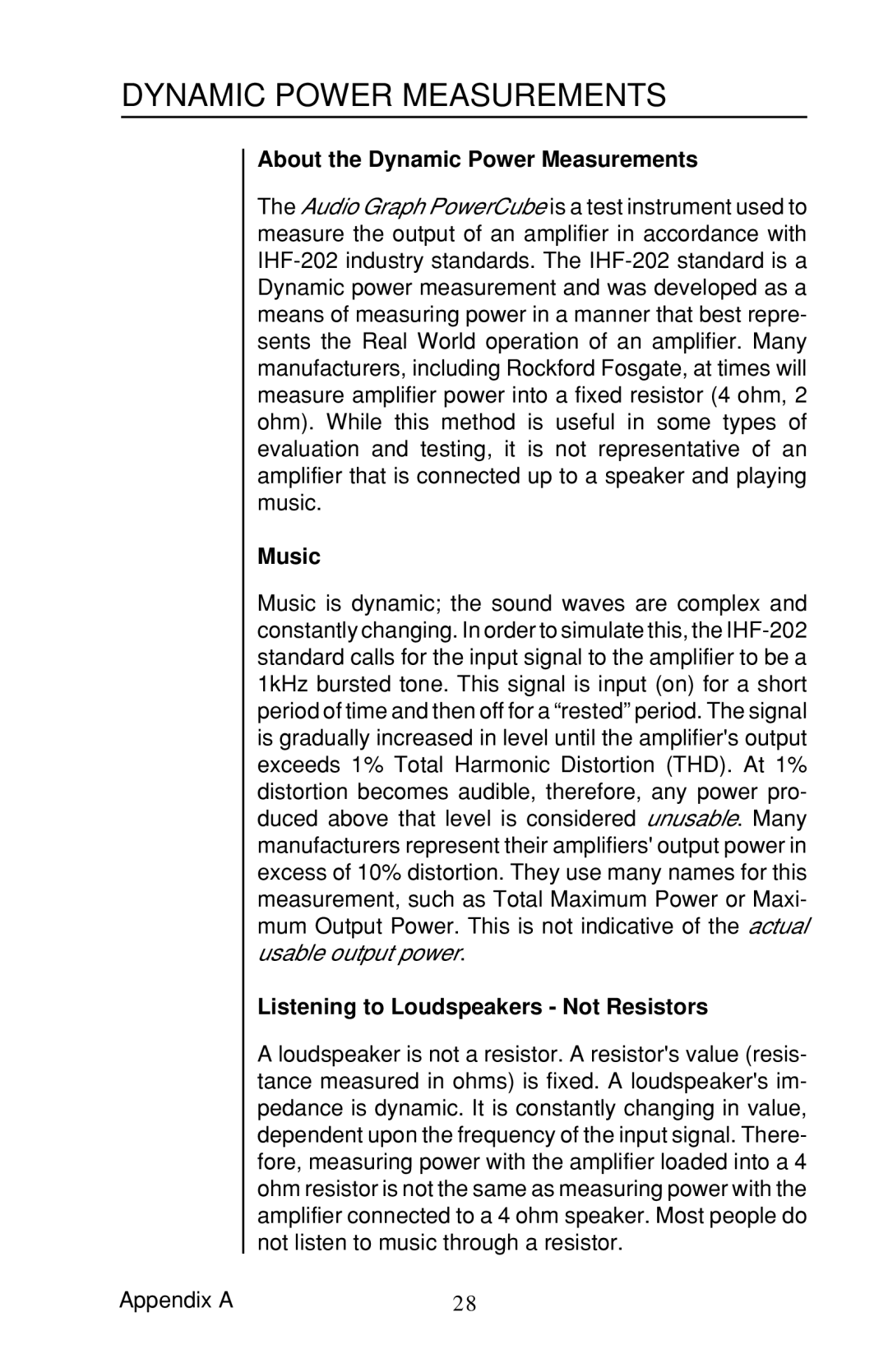 Rockford Fosgate 4-CHANNEL AMPLIFIER owner manual About the Dynamic Power Measurements, Music 