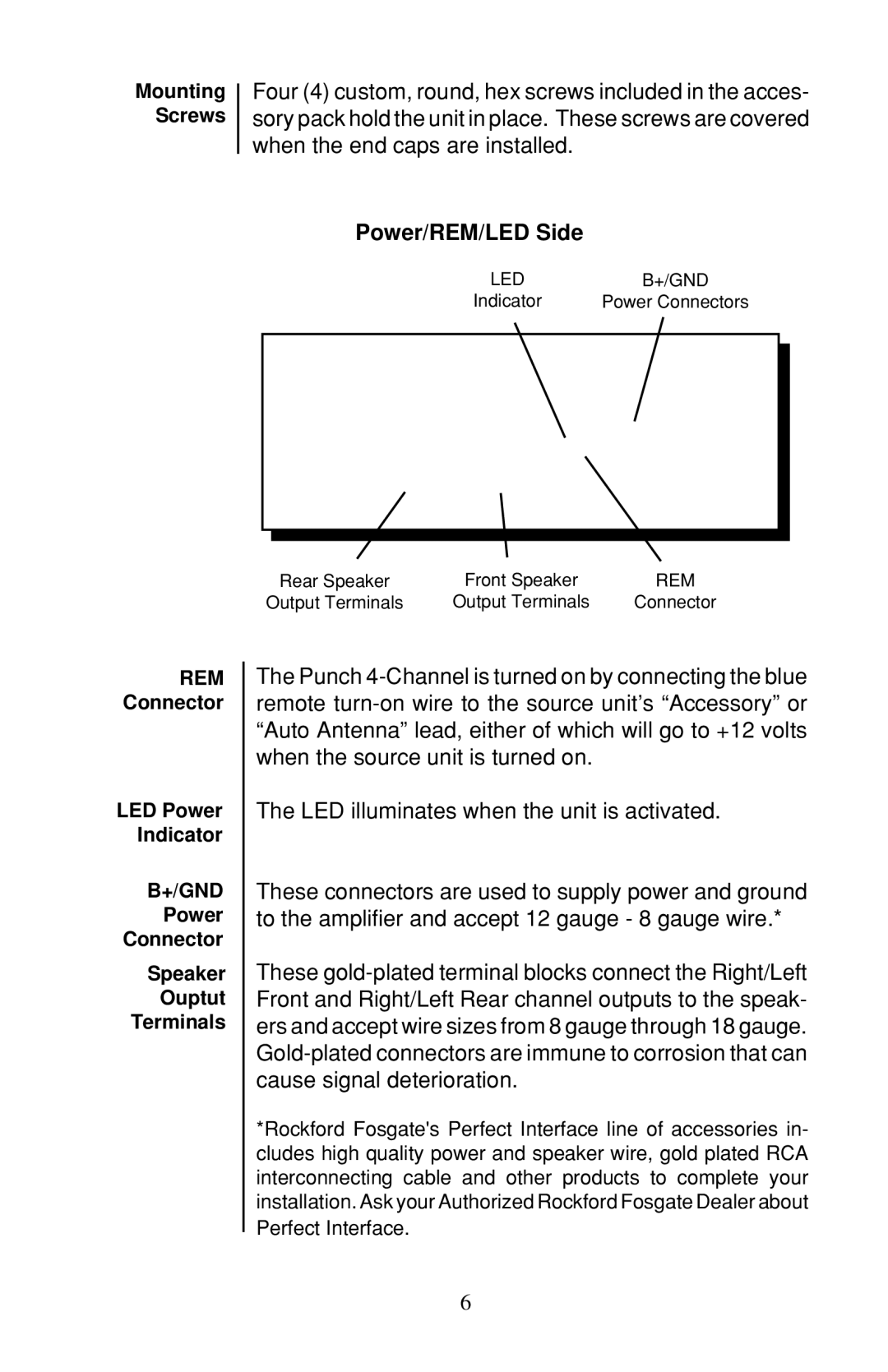 Rockford Fosgate 4-CHANNEL AMPLIFIER owner manual Power/REM/LED Side, +/Gnd 