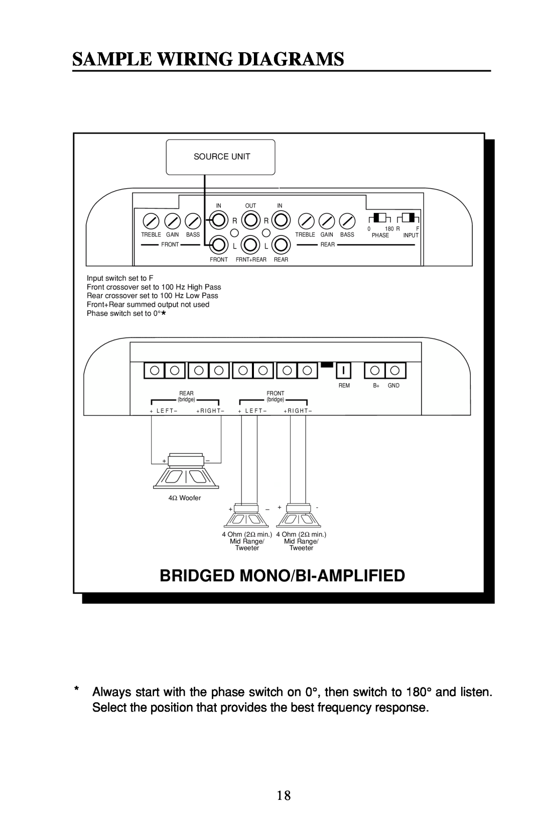 Rockford Fosgate 4-CHANNEL AMPLIFIER owner manual Sample Wiring Diagrams, Bridged Mono/Bi-Amplified, Source Unit 