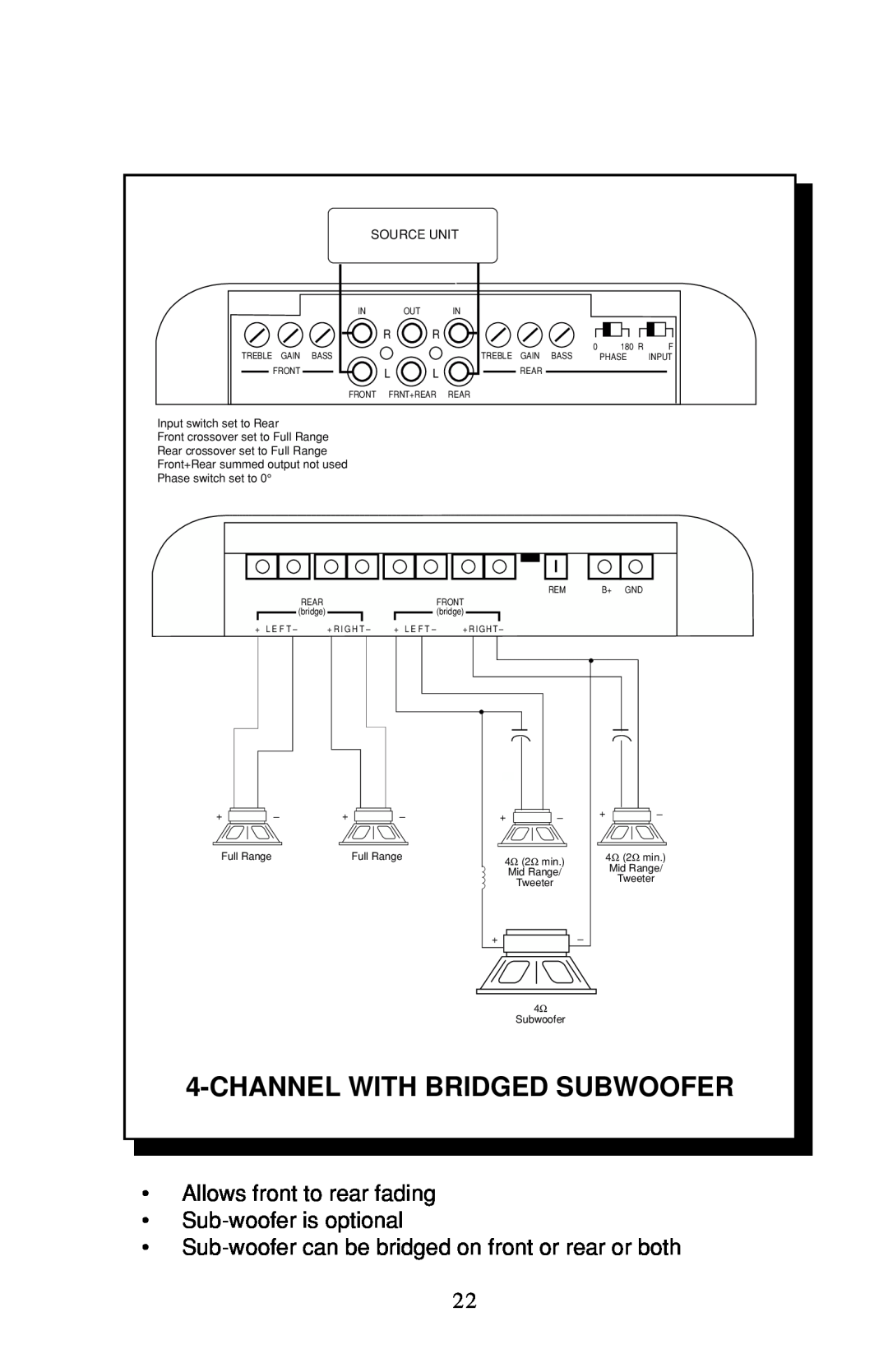 Rockford Fosgate 4-CHANNEL AMPLIFIER owner manual Channelwith Bridged Subwoofer, Source Unit, Input switch set to Rear 