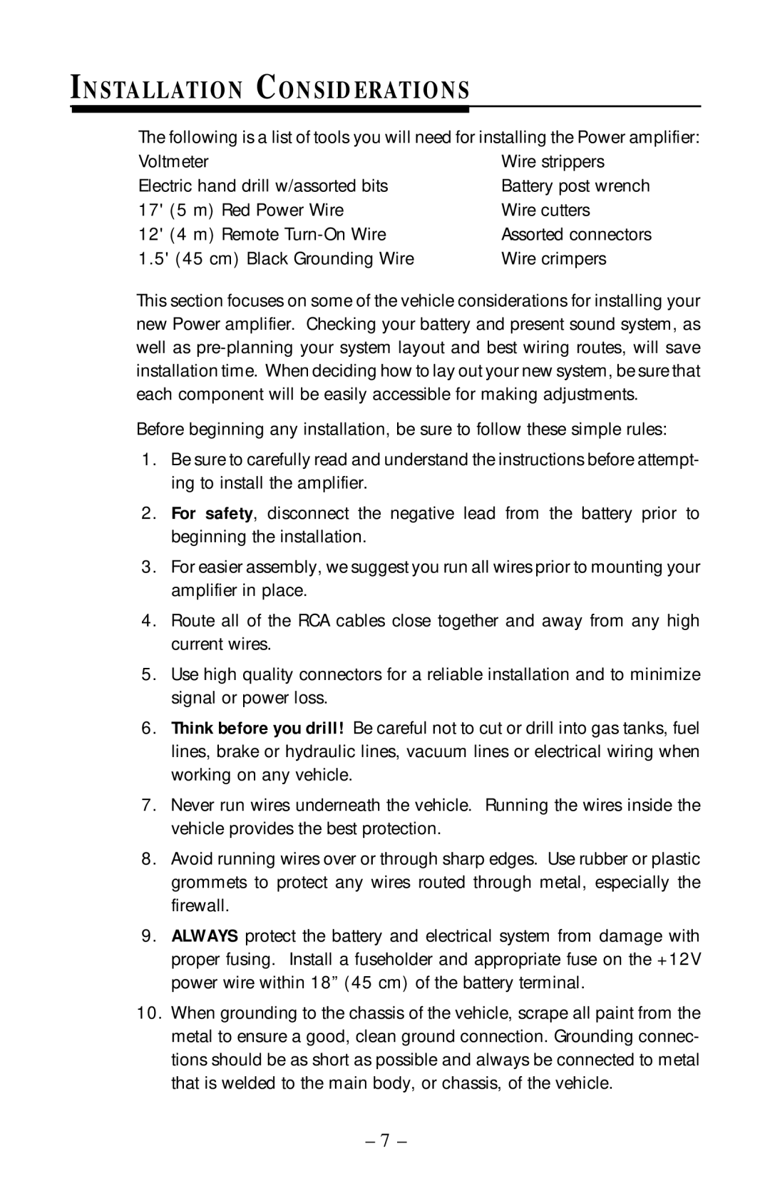 Rockford Fosgate 400, 360, 1000 manual Installation Considerations, cm Black Grounding Wire Wire crimpers 