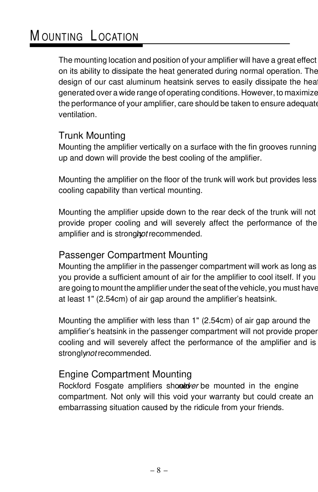 Rockford Fosgate 360, 400, 1000 manual Mounting Location, Trunk Mounting 