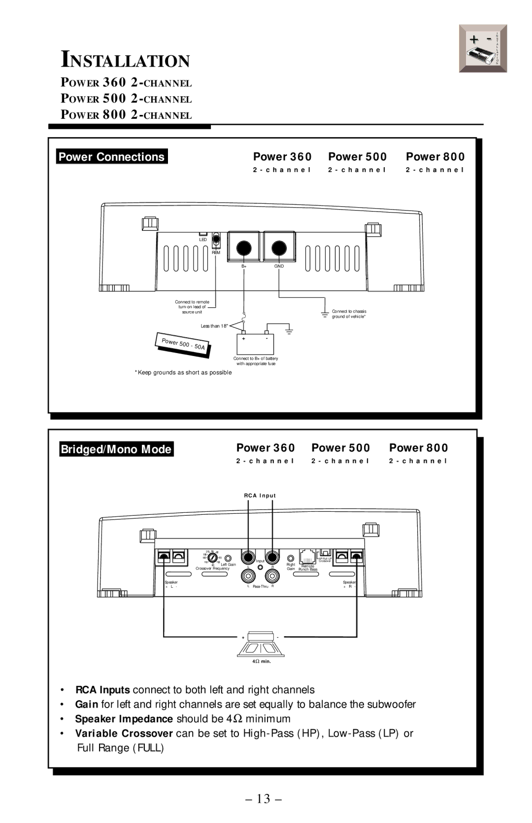 Rockford Fosgate 400, 360, 1000 manual Installation, Power Connections, Bridged/Mono Mode 