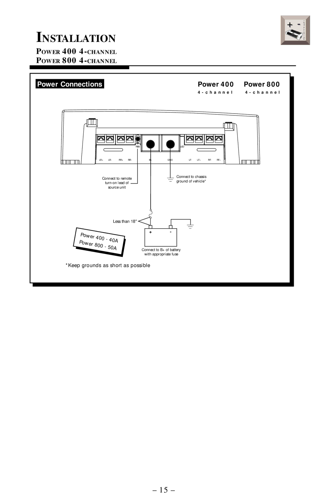 Rockford Fosgate 1000, 400, 360 manual Power Connections 