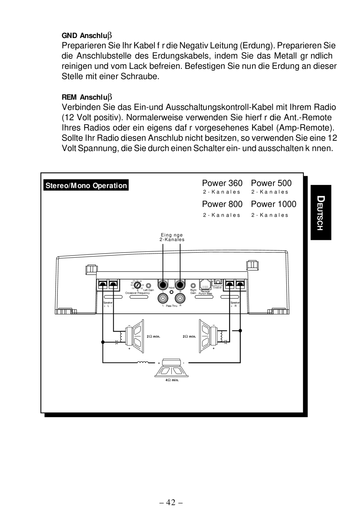 Rockford Fosgate 1000, 400, 360 manual GND Anschluβ, REM Anschluβ, Stereo/Mono Operation 